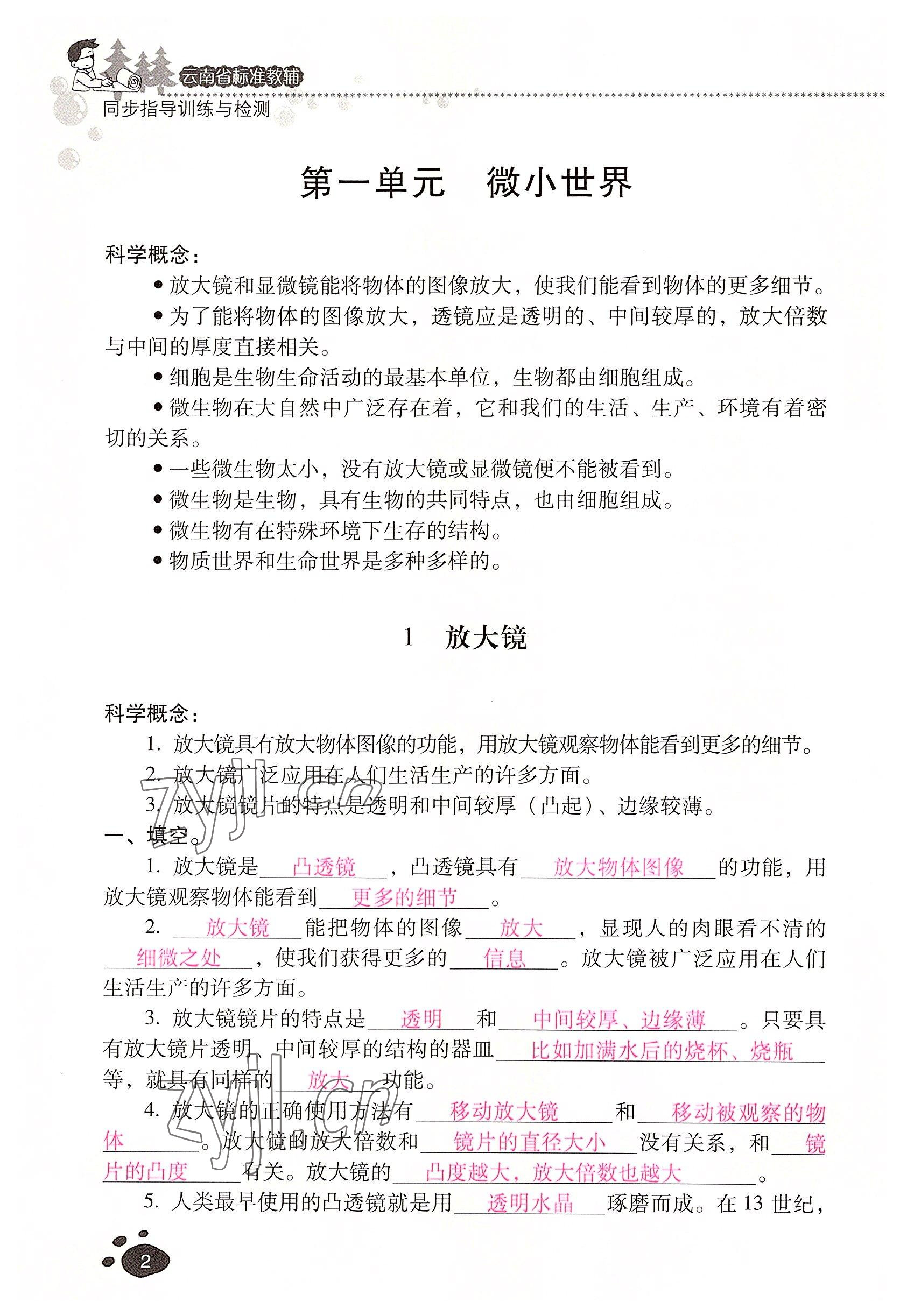 2022年云南省标准教辅同步指导训练与检测六年级科学下册教科版 参考答案第1页