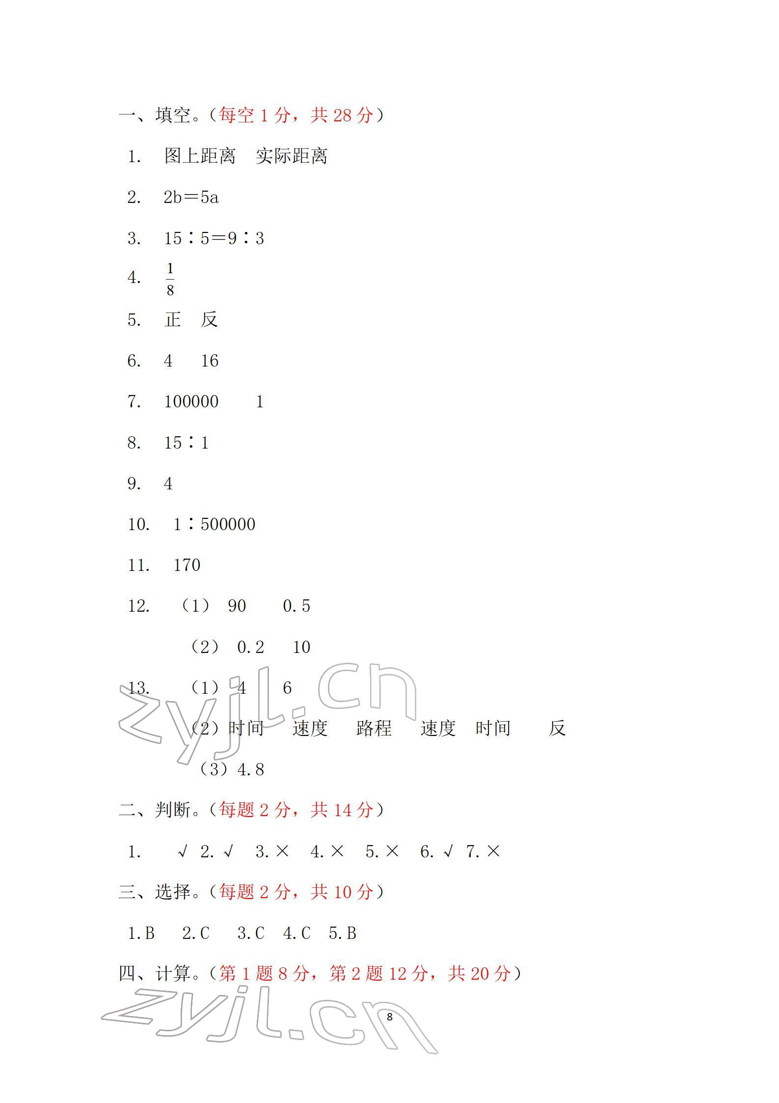 2022年单元自测试卷六年级数学下学期人教版 参考答案第8页