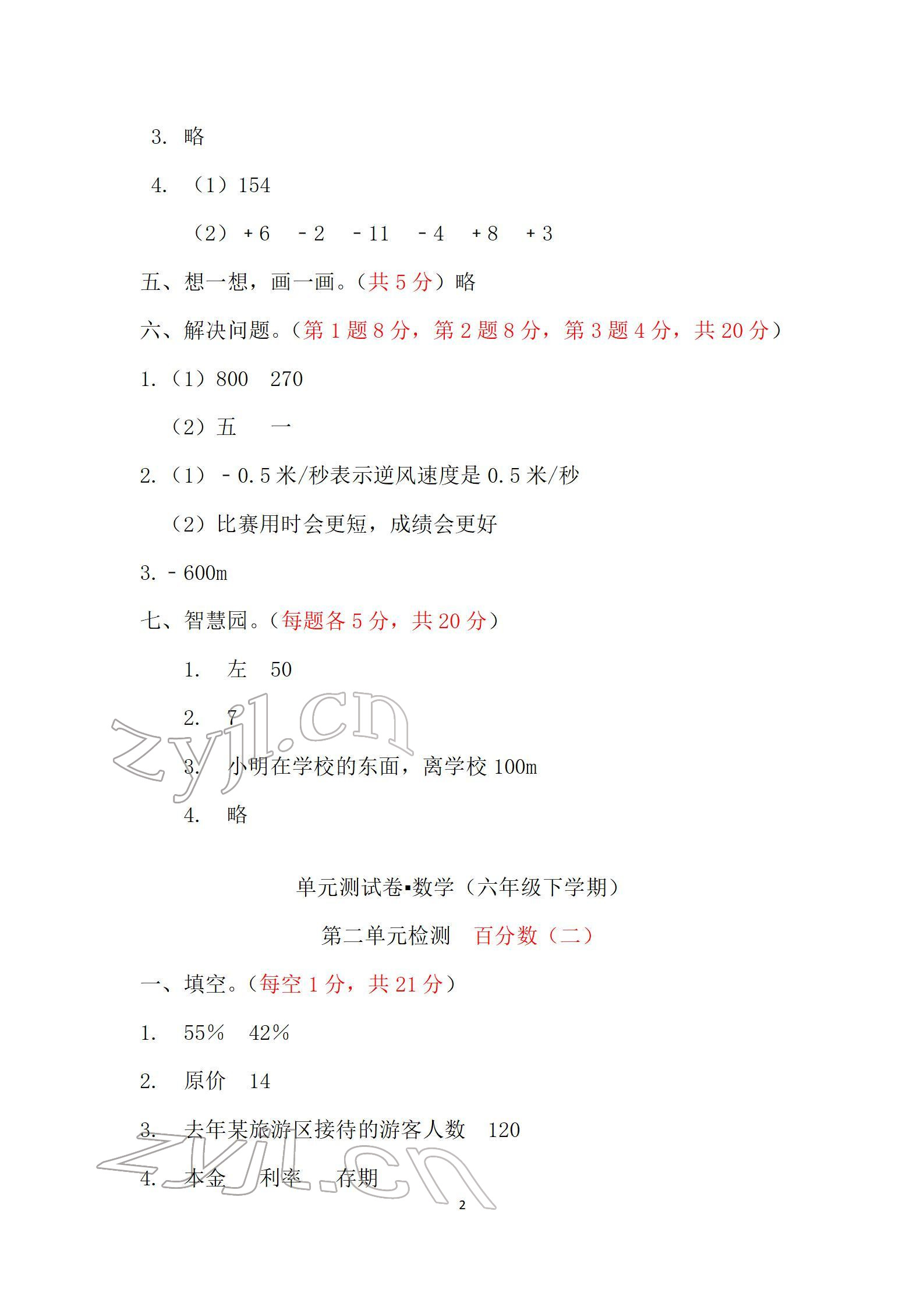 2022年单元自测试卷六年级数学下学期人教版 参考答案第2页