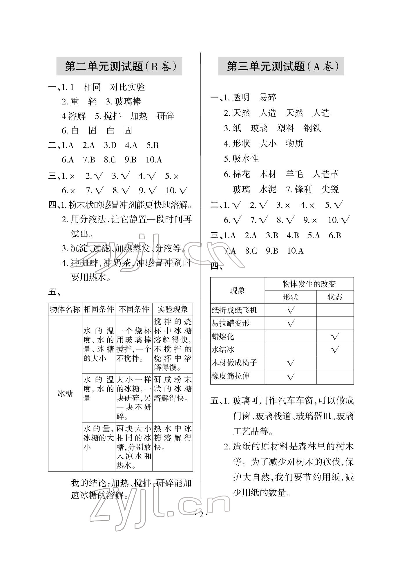 2022年单元自测试卷三年级科学下册青岛版 参考答案第3页