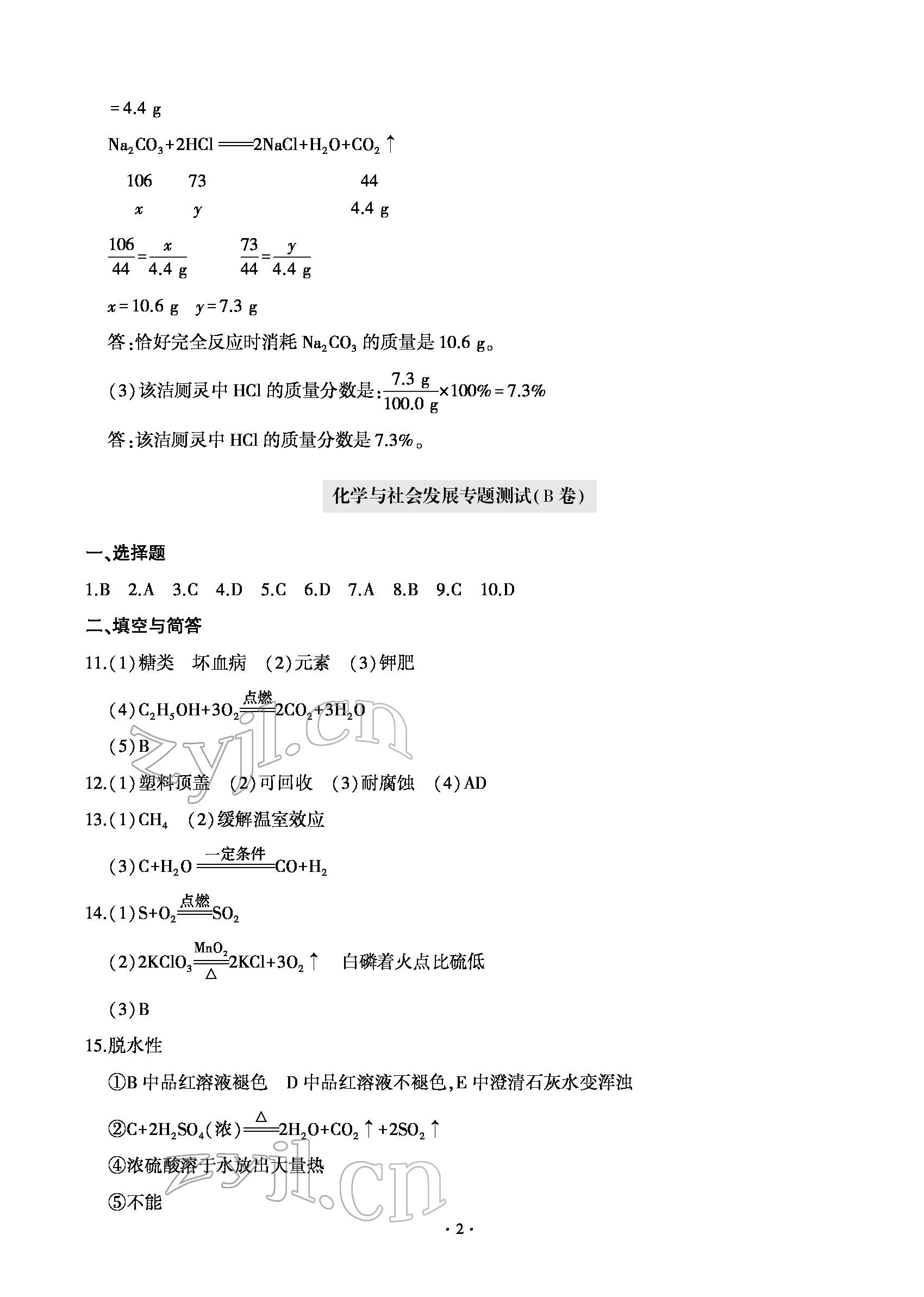 2022年測(cè)試卷九年級(jí)化學(xué)下冊(cè)青島出版社 參考答案第2頁