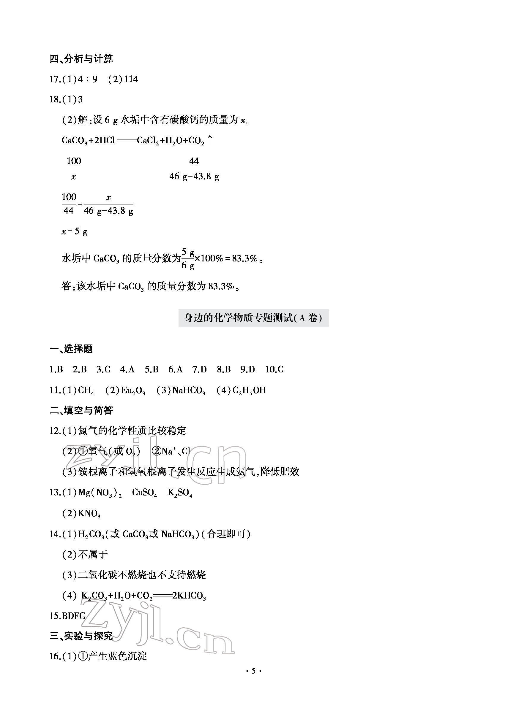 2022年測試卷九年級化學(xué)下冊青島出版社 參考答案第5頁