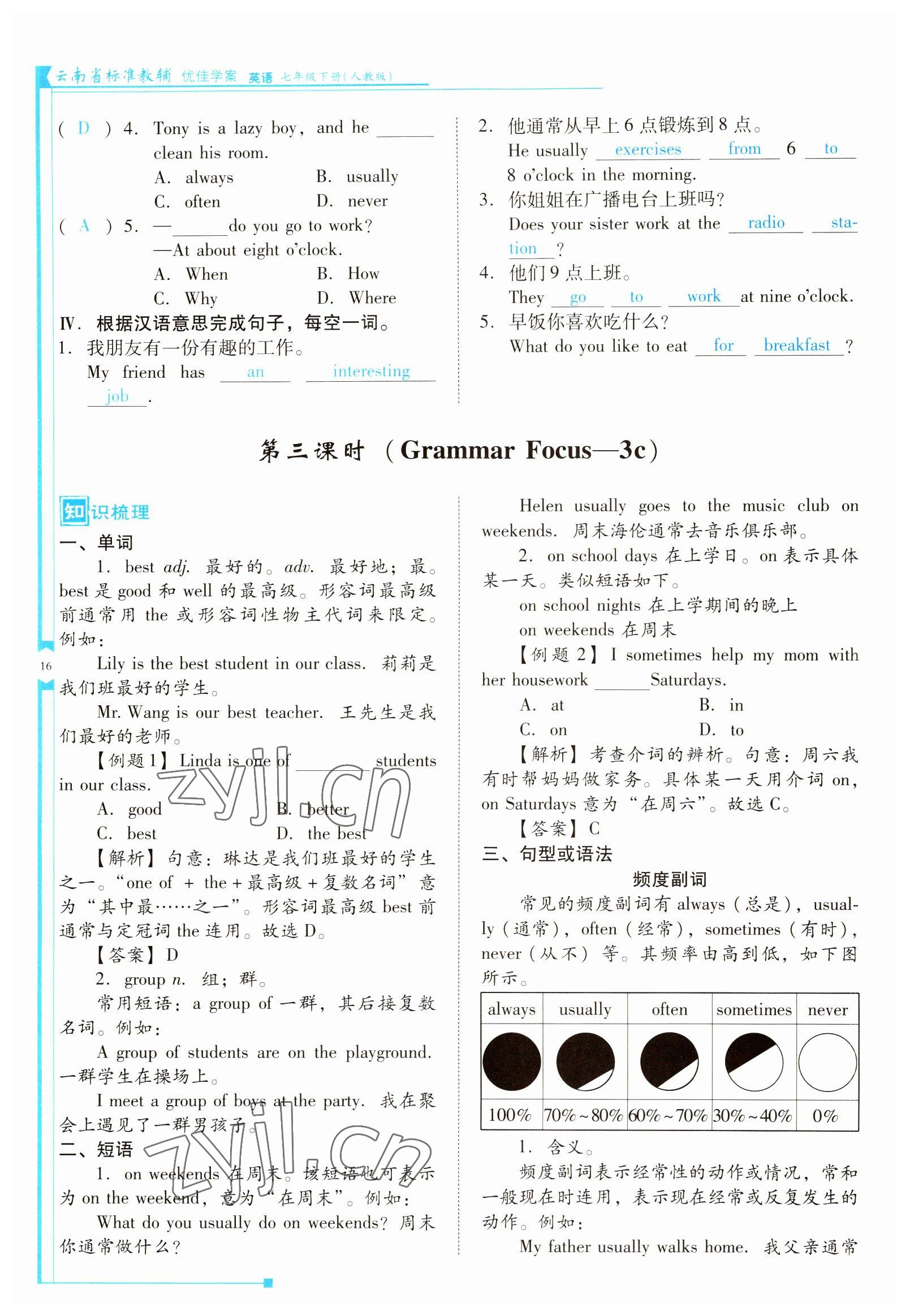 2022年云南省標準教輔優(yōu)佳學案七年級英語下冊人教版 參考答案第16頁