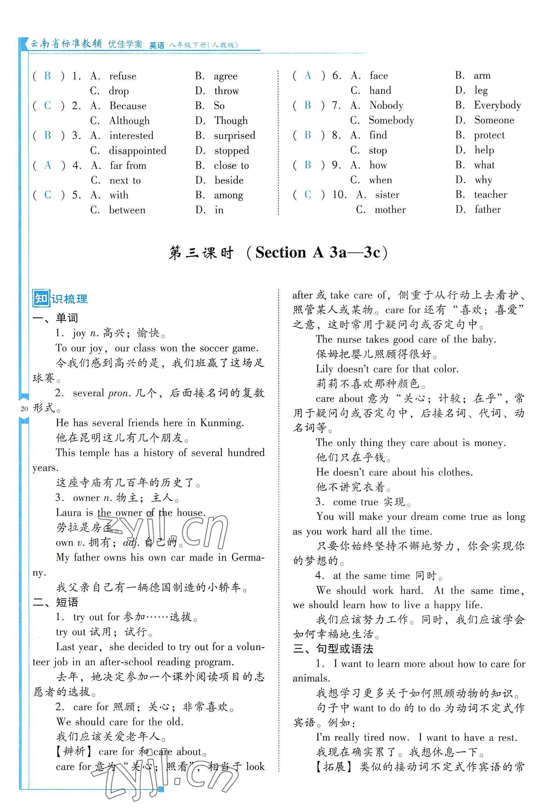 2022年云南省標(biāo)準(zhǔn)教輔優(yōu)佳學(xué)案八年級英語下冊人教版 參考答案第20頁