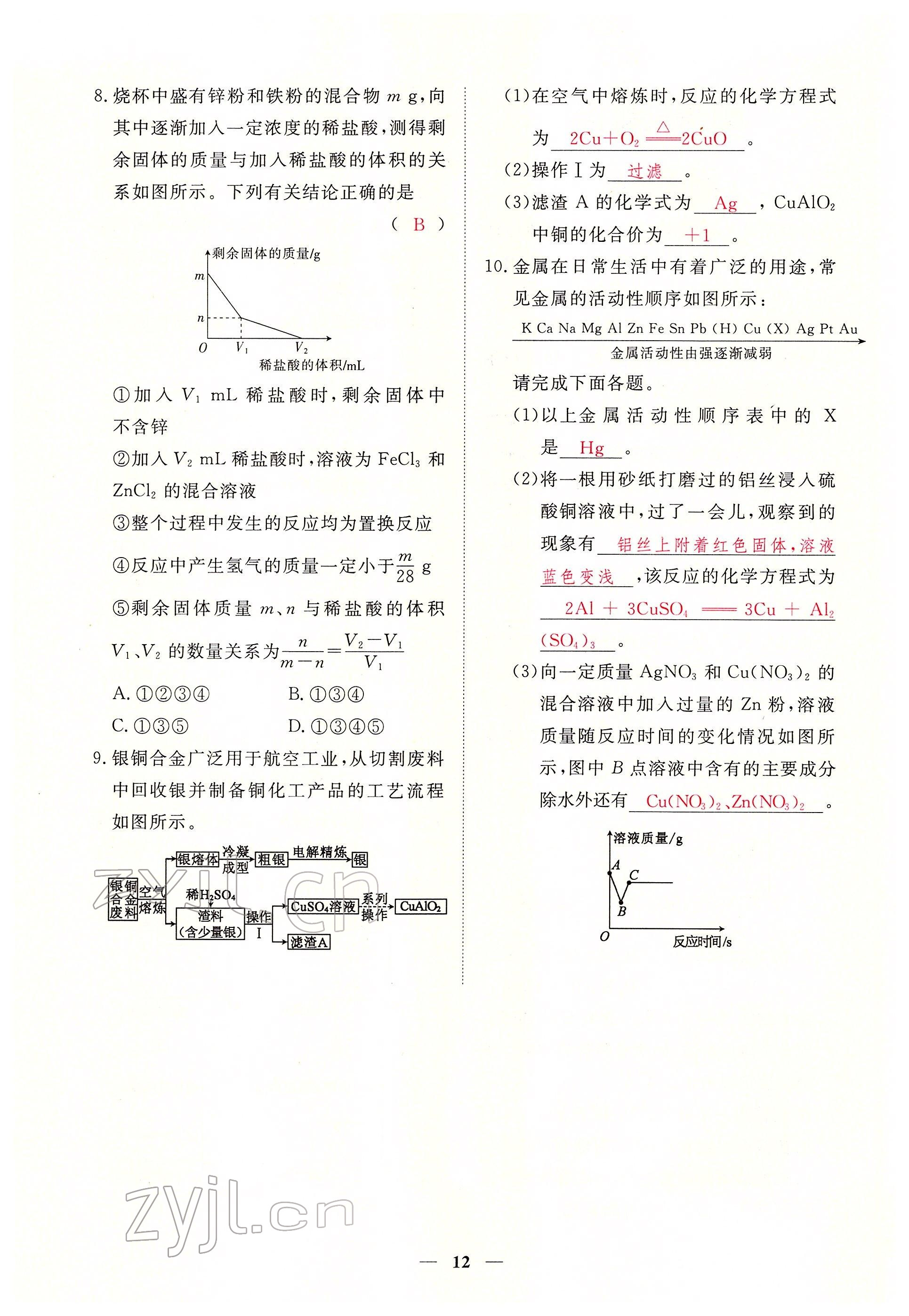 2022年一课一练创新练习九年级化学下册人教版 参考答案第12页