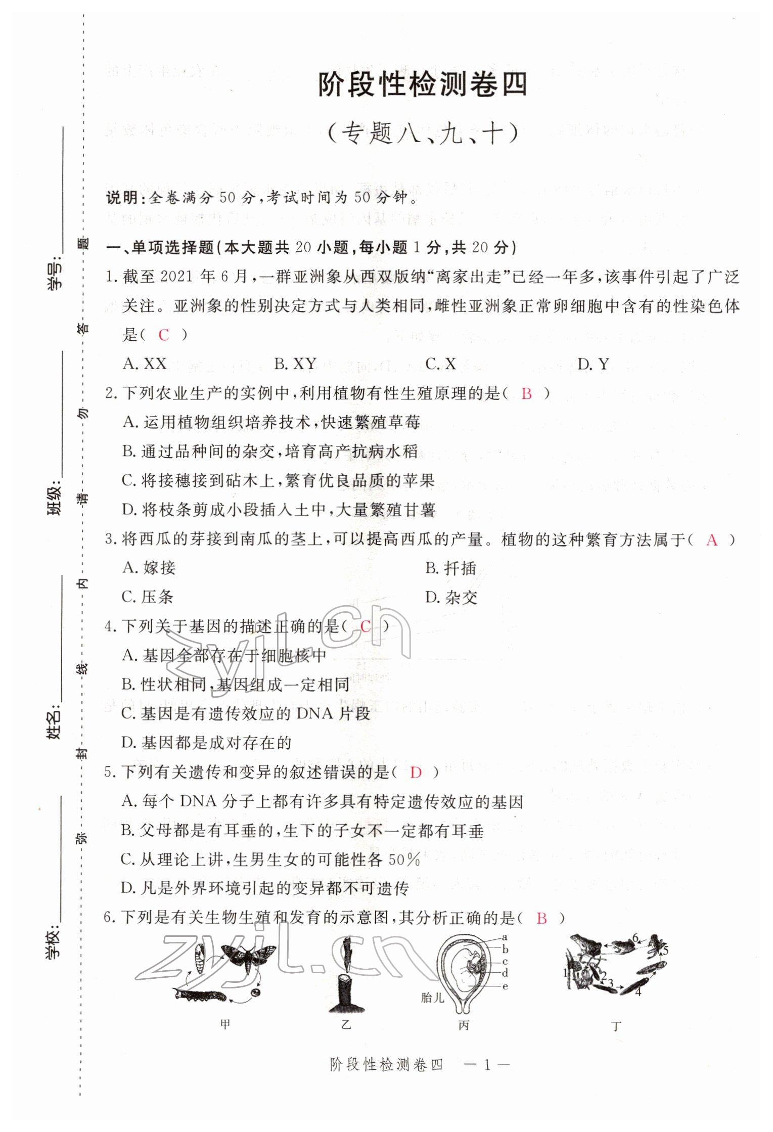 2022年芝麻开花学考方略生物人教版 参考答案第54页