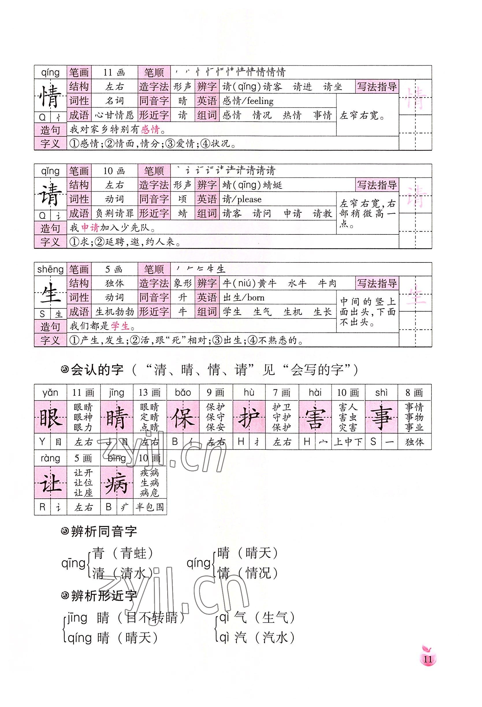 2022年小学生词语手册云南教育出版社一年级语文下册人教版 参考答案第11页