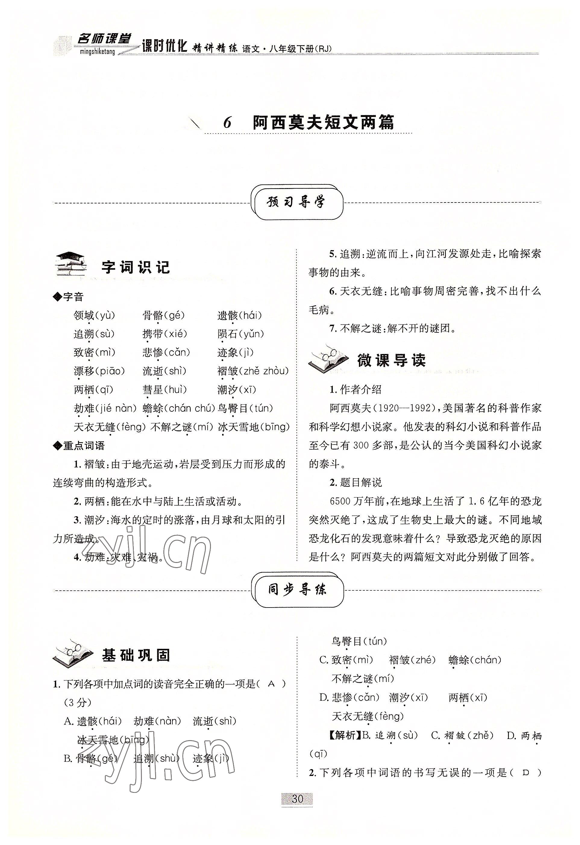 2022年名师课堂课时优化精讲精练八年级语文下册人教版 参考答案第30页