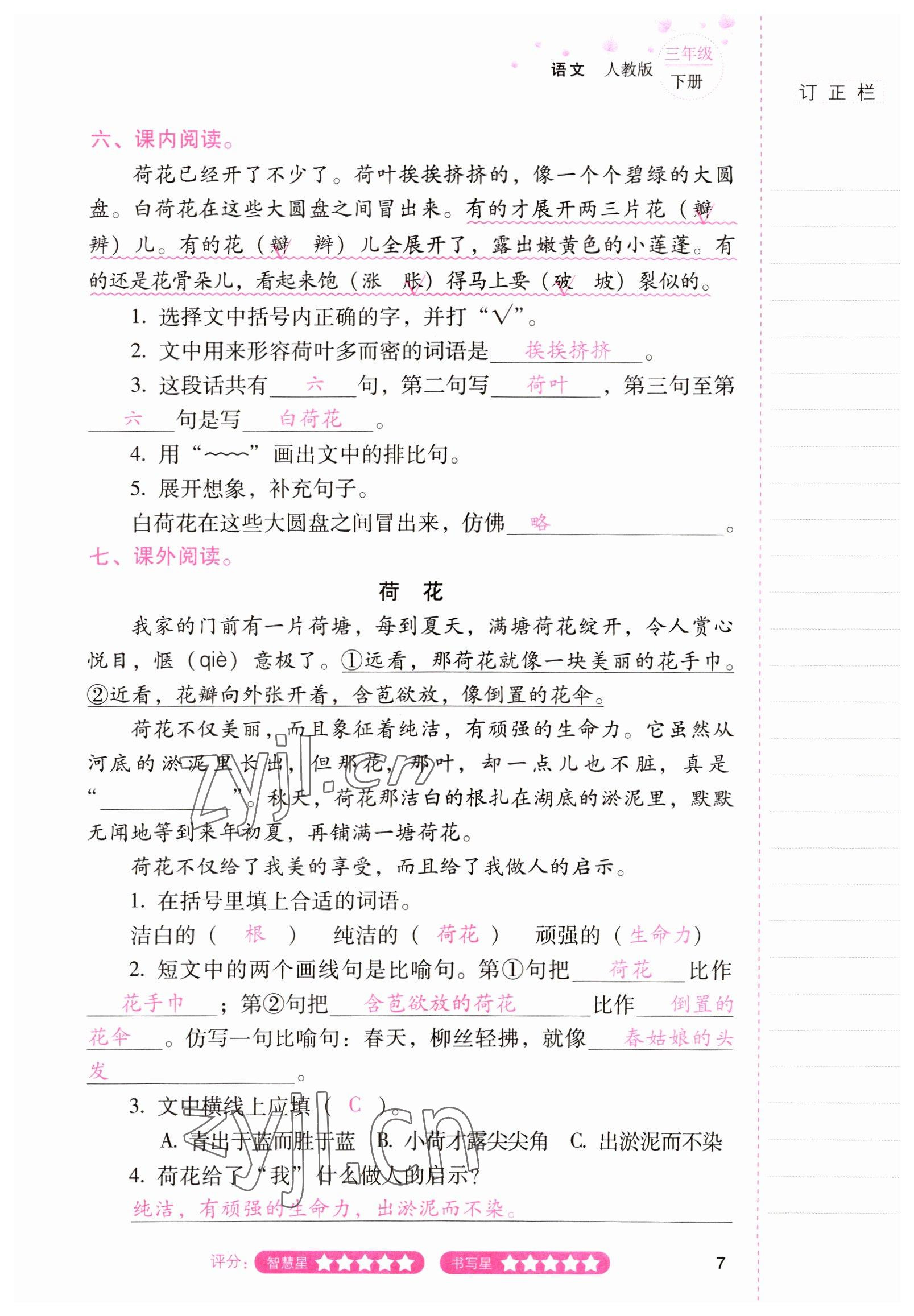 2022年云南省标准教辅同步指导训练与检测三年级语文下册人教版 参考答案第6页