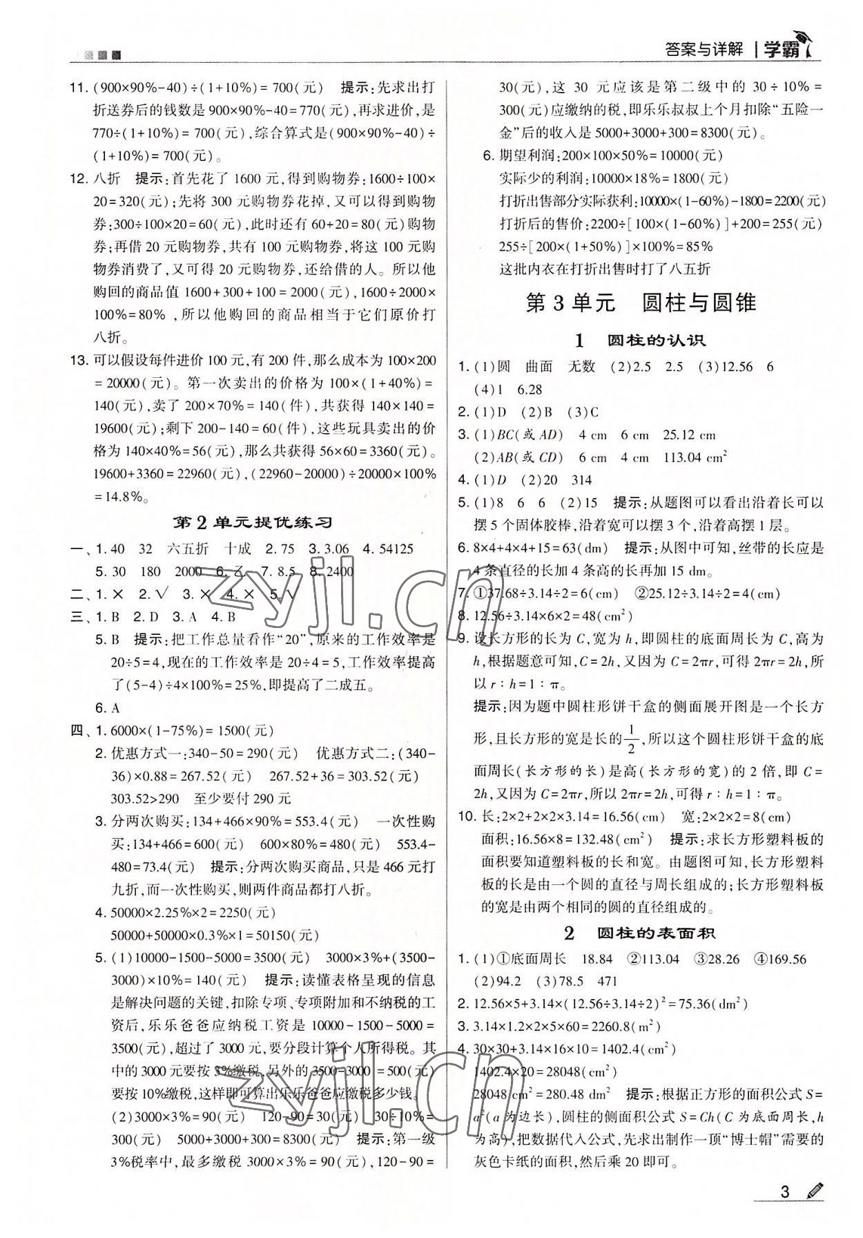 2022年喬木圖書學(xué)霸六年級數(shù)學(xué)下冊人教版 參考答案第3頁