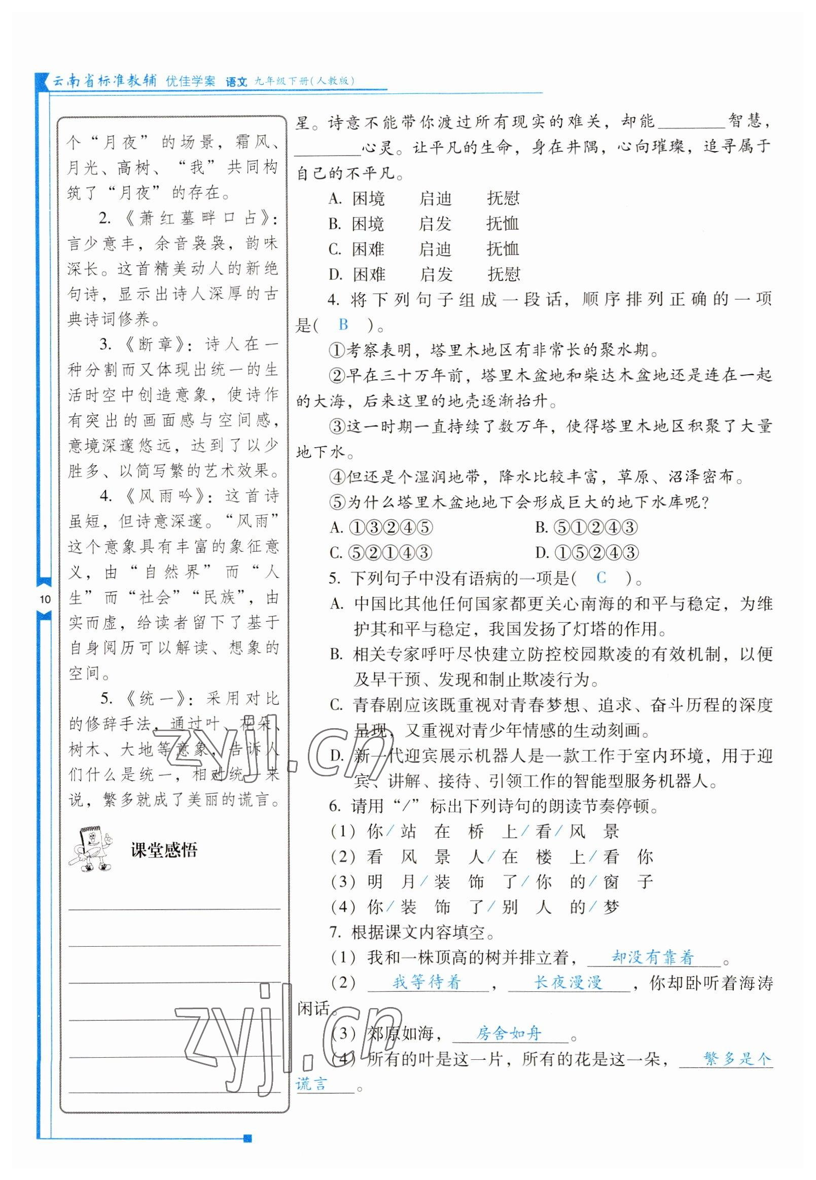 2022年云南省标准教辅优佳学案九年级语文下册人教版 参考答案第10页