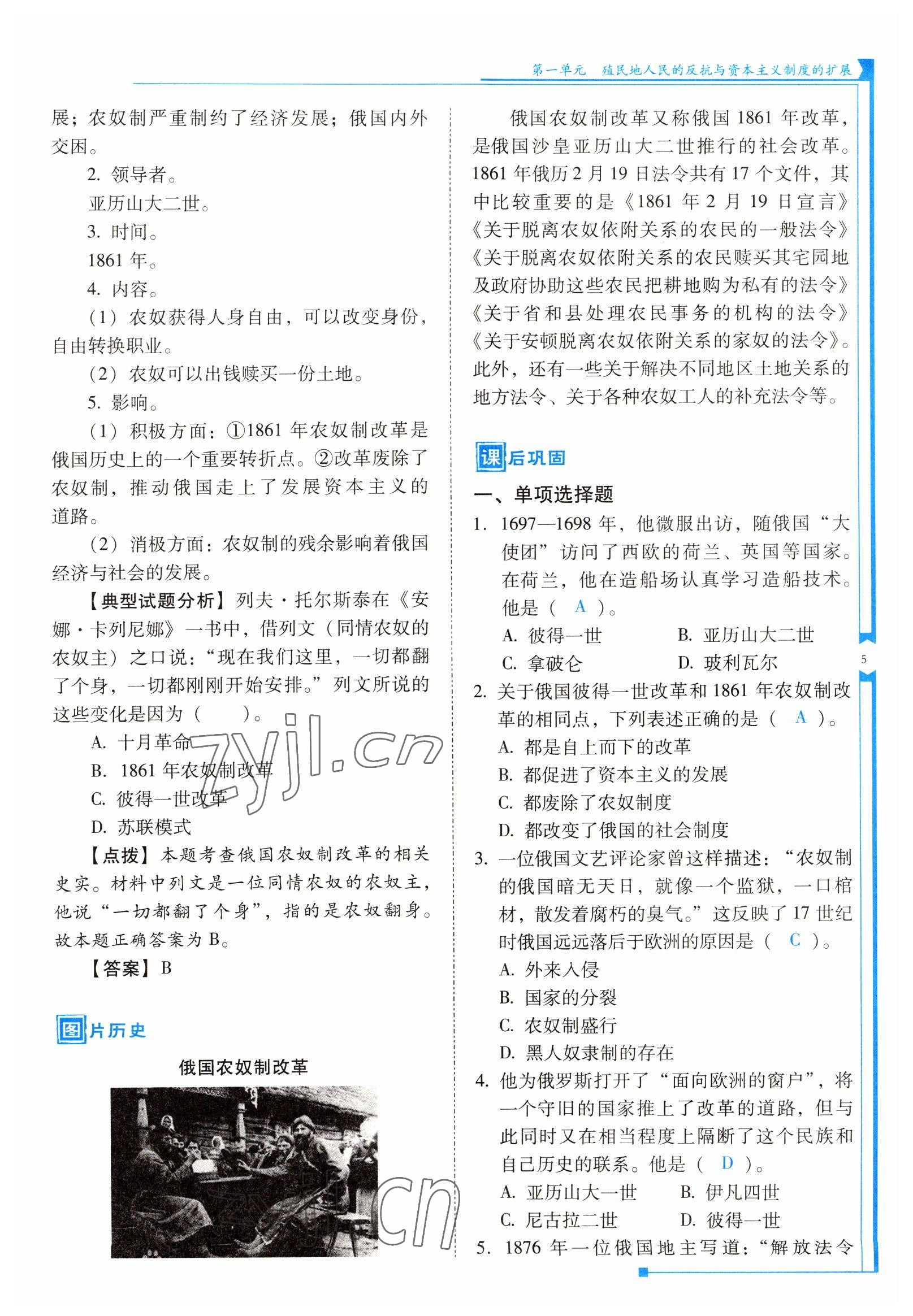 2022年云南省標(biāo)準(zhǔn)教輔優(yōu)佳學(xué)案九年級(jí)歷史下冊(cè)人教版 參考答案第5頁(yè)