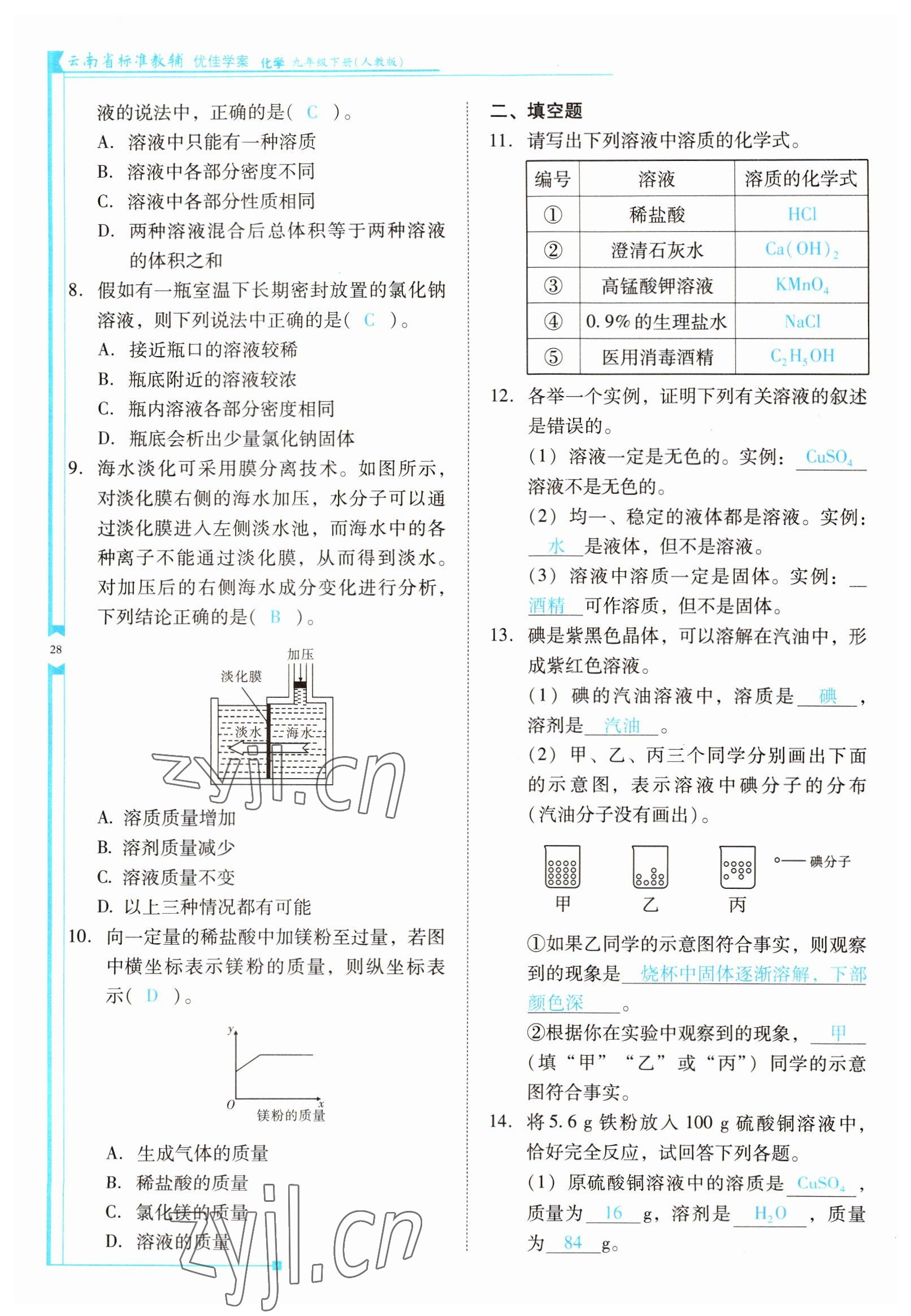 2022年云南省標準教輔優(yōu)佳學(xué)案九年級化學(xué)下冊人教版 參考答案第28頁