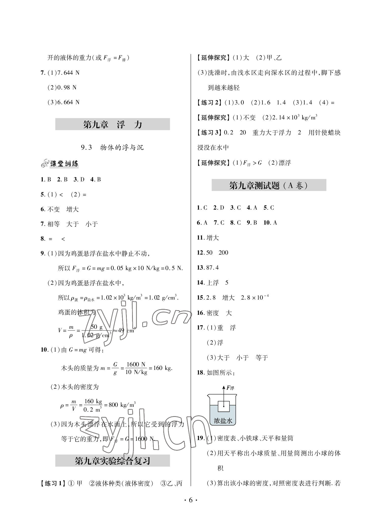 2022年单元自测试卷青岛出版社八年级物理下册沪科版 参考答案第6页