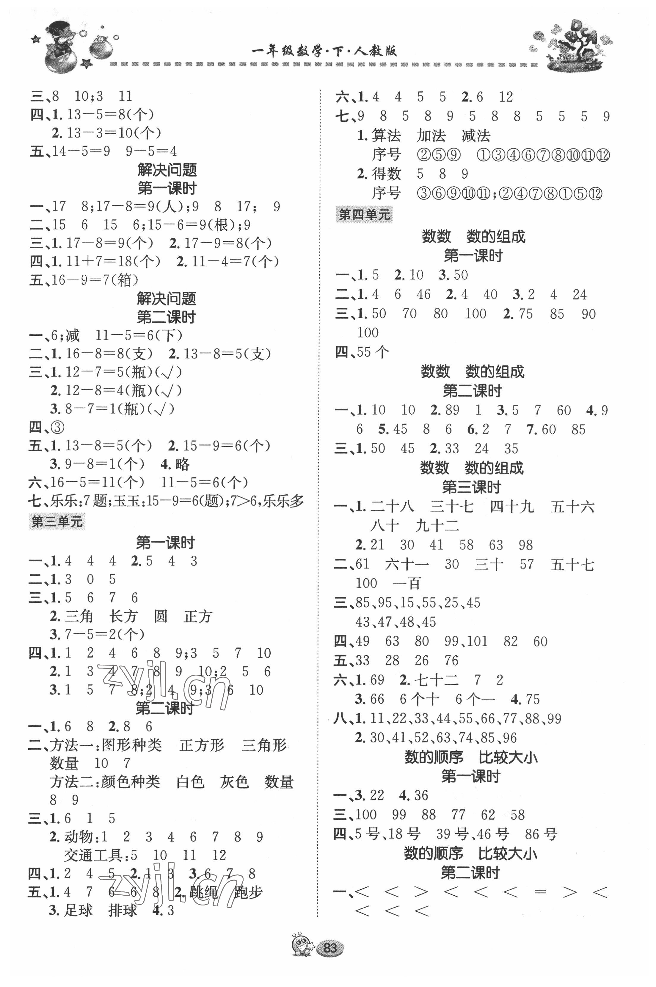 2022年全优课堂作业一年级数学下册人教版 参考答案第2页