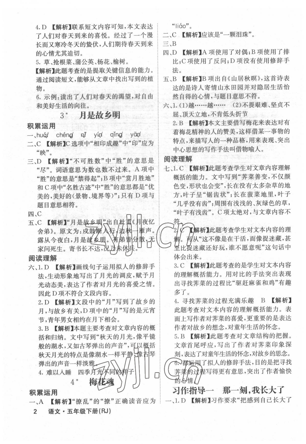 2022年课堂点睛五年级语文下册人教版福建专版 参考答案第2页