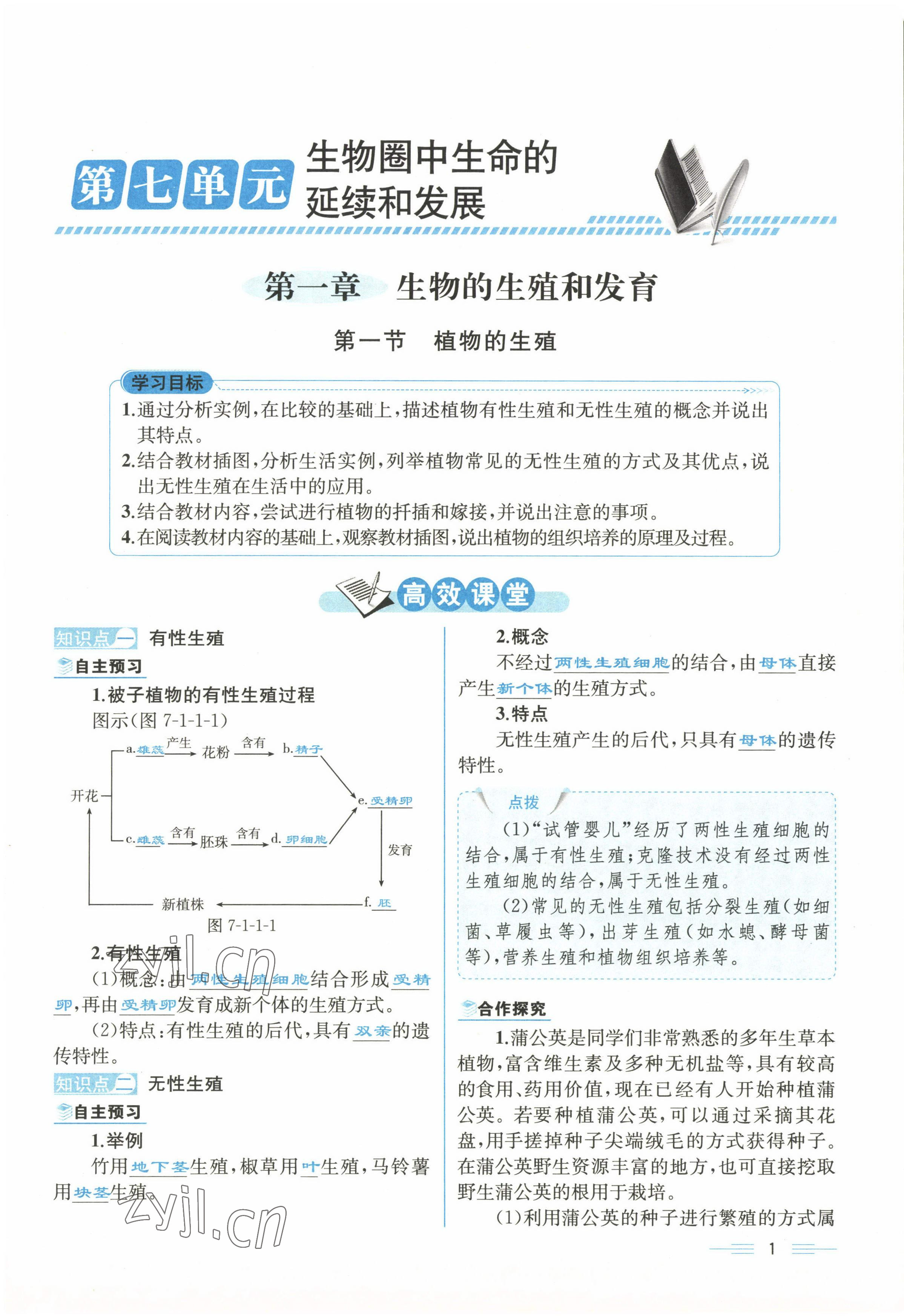 2022年人教金學(xué)典同步解析與測評八年級生物下冊人教版云南專版 參考答案第1頁