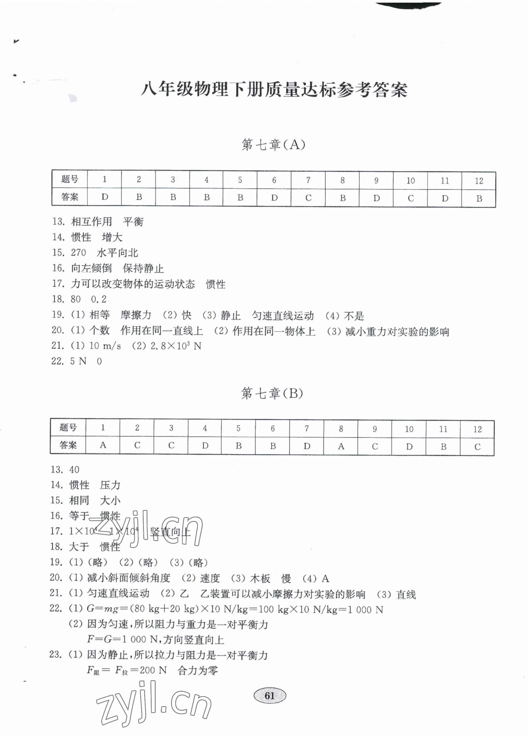 2022年初中物理单元质量达标八年级下册沪科版 第1页