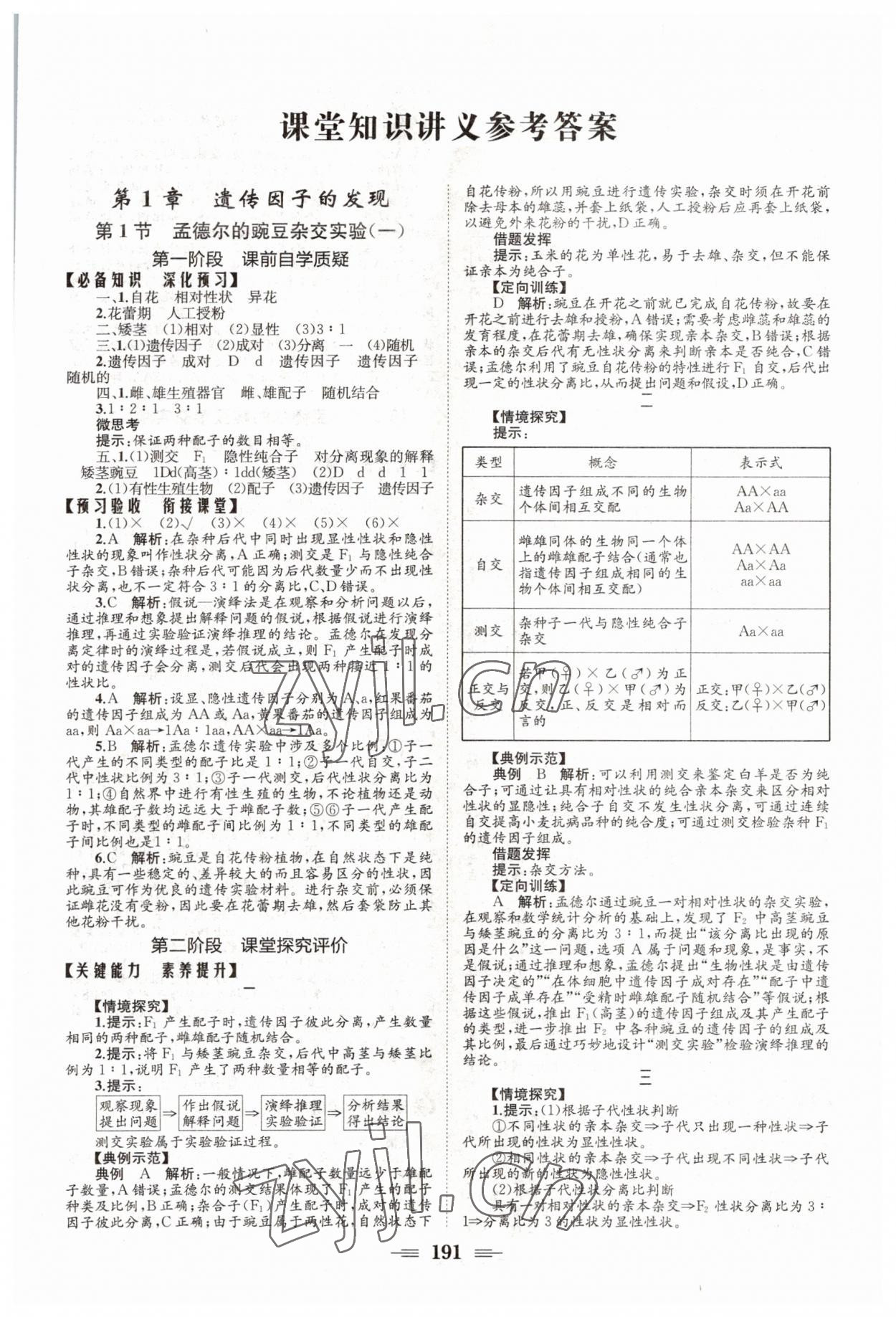 2022年长江作业本同步练习册高中生物必修2人教版 参考答案第1页