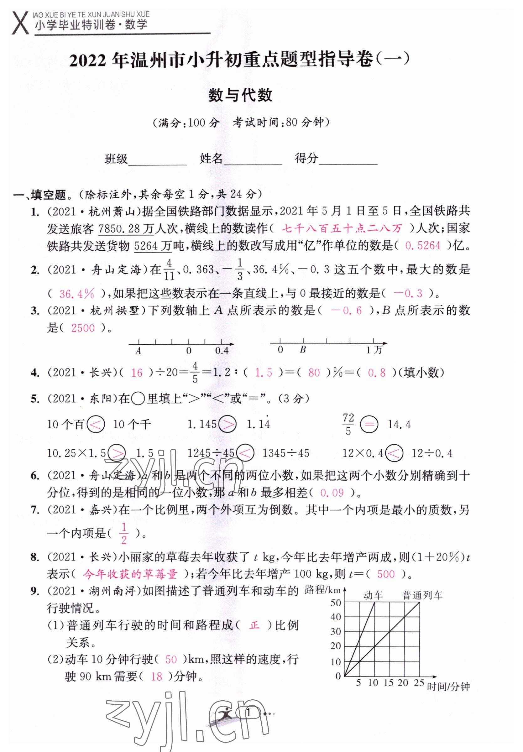 2022年小学毕业特训卷六年级数学温州专版 第1页