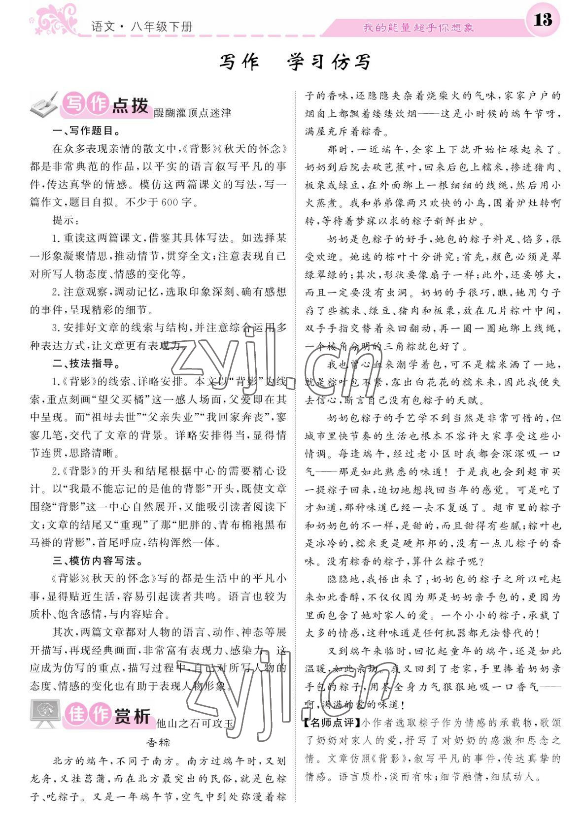 2022年课堂点睛八年级语文下册人教版湖南专版 参考答案第13页