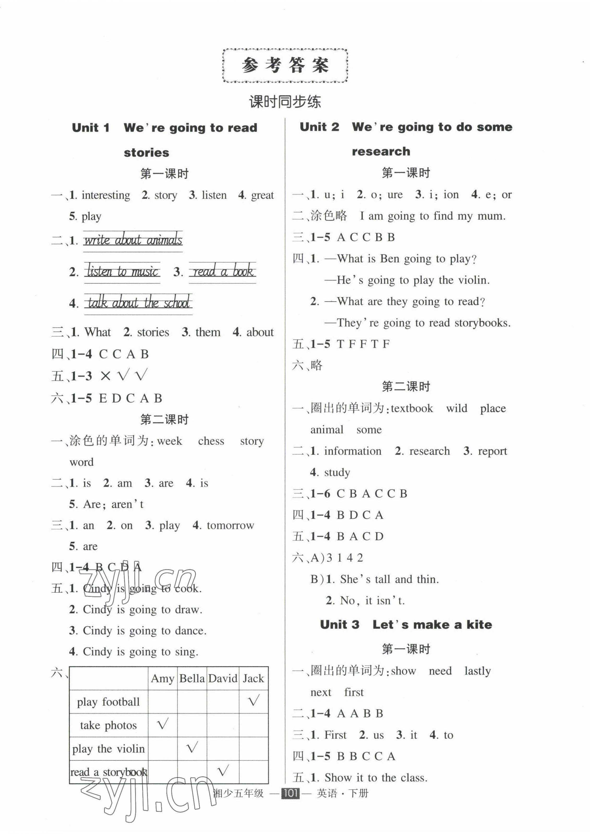 2022年?duì)钤刹怕穭?chuàng)優(yōu)作業(yè)100分五年級(jí)英語下冊(cè)湘少版 參考答案第1頁