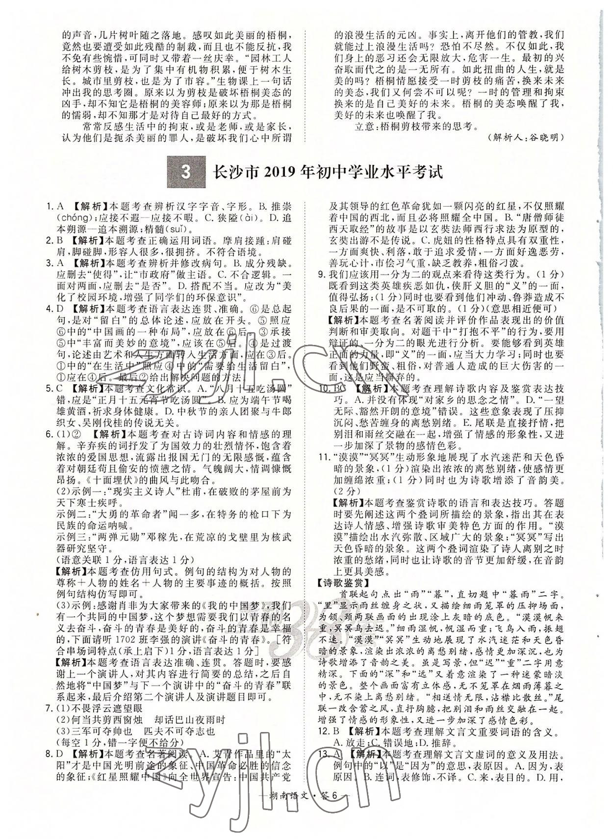 2022年天利38套中考试题精选语文湖南专版 参考答案第6页