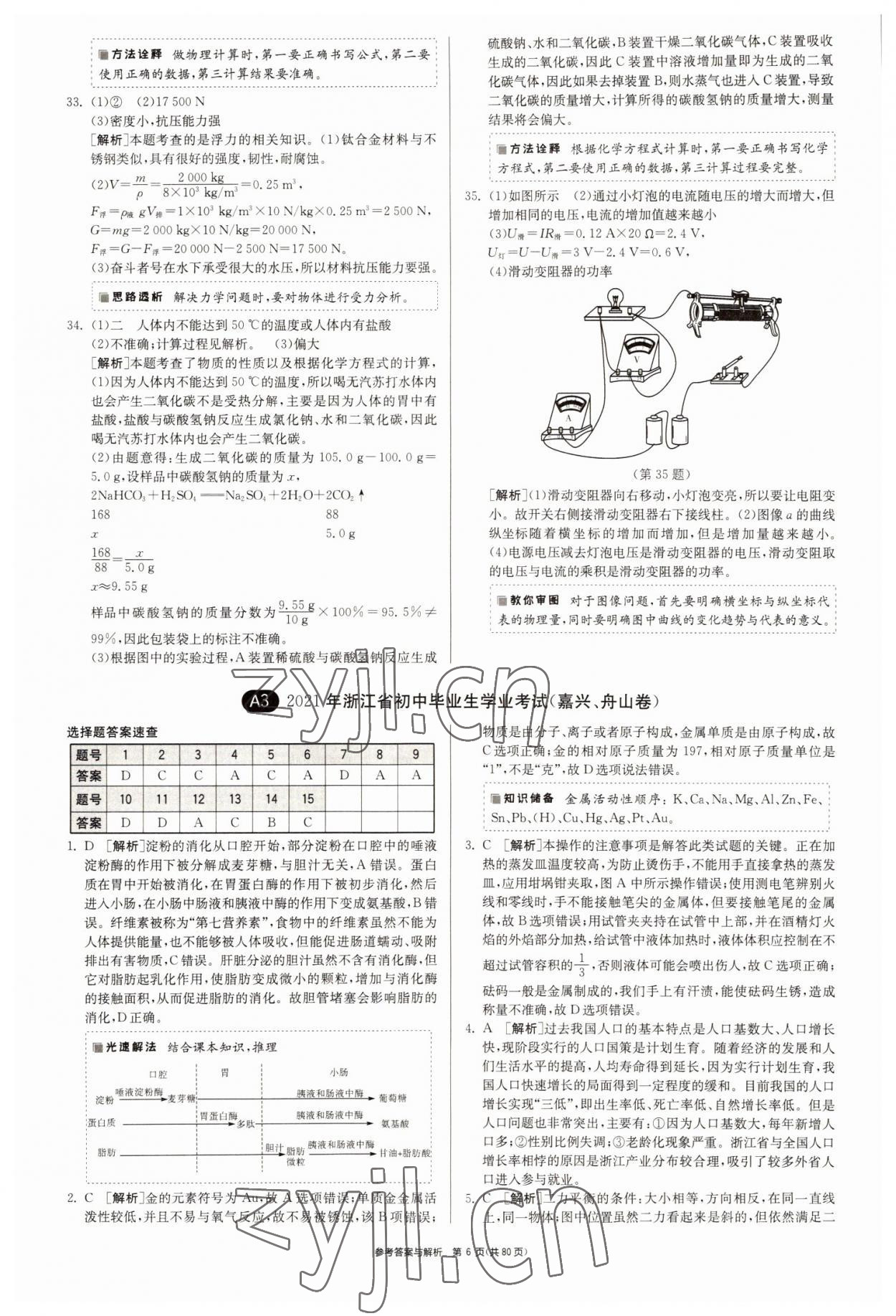 2022年春雨教育考必胜2016浙江省中考试卷精选科学 参考答案第6页