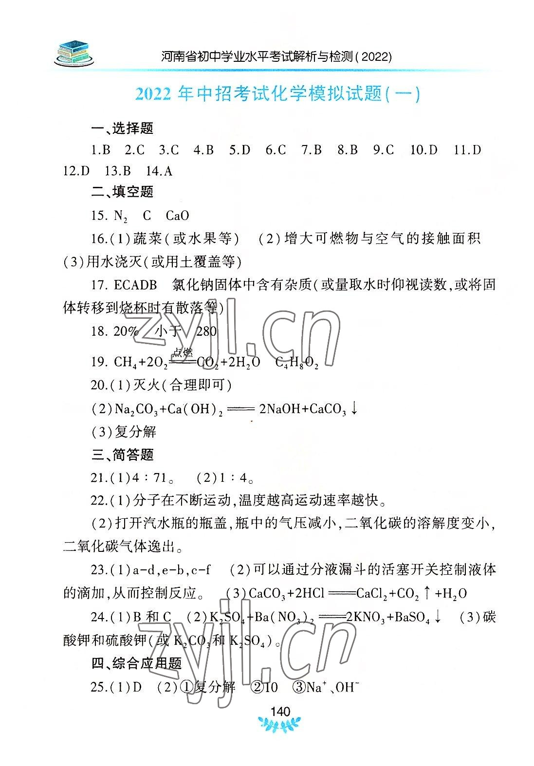 2022年河南省初中学业水平考试解析与检测化学下册 参考答案第5页