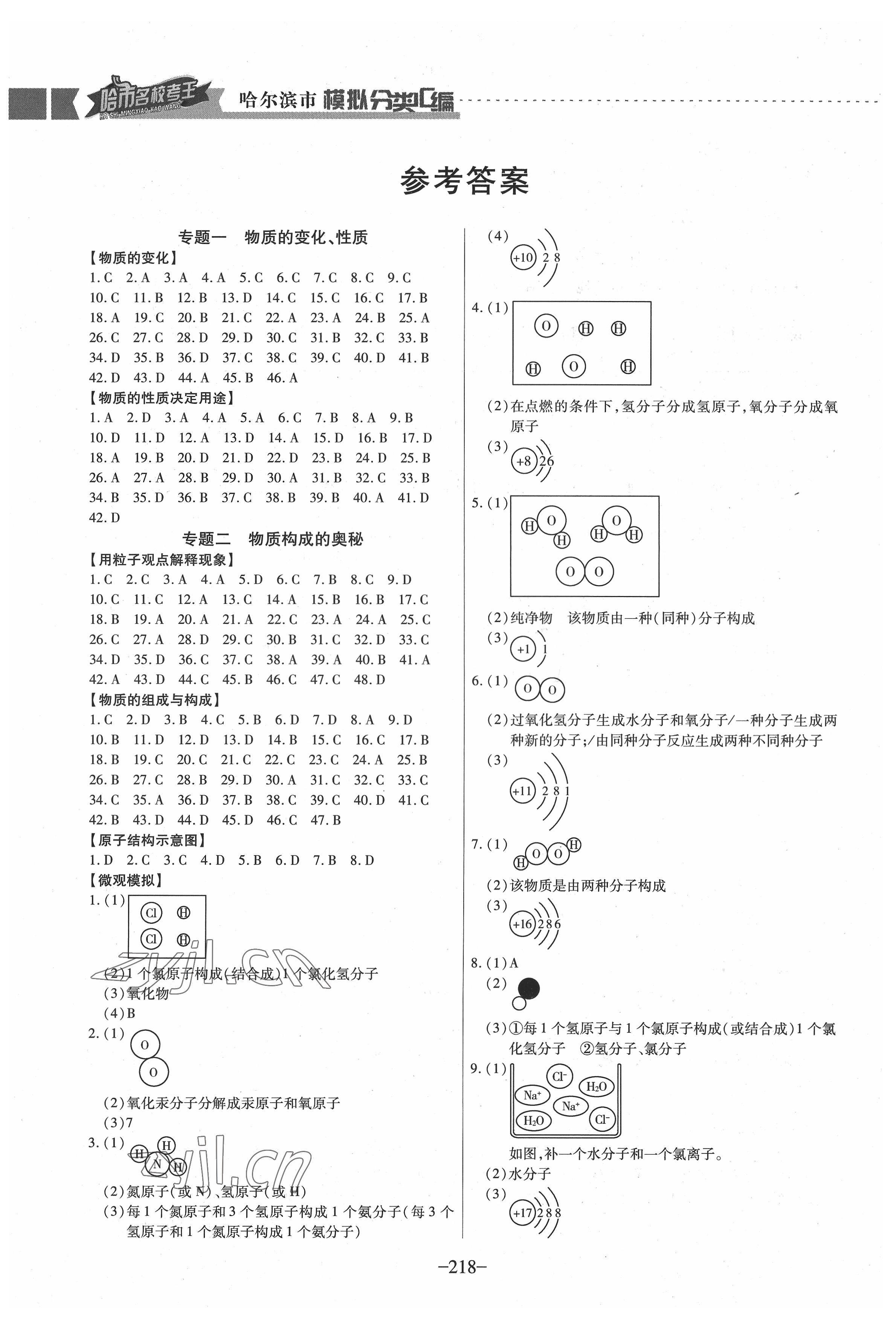 2022年哈市名校考王3分类3汇编中考化学哈尔滨专版 参考答案第1页