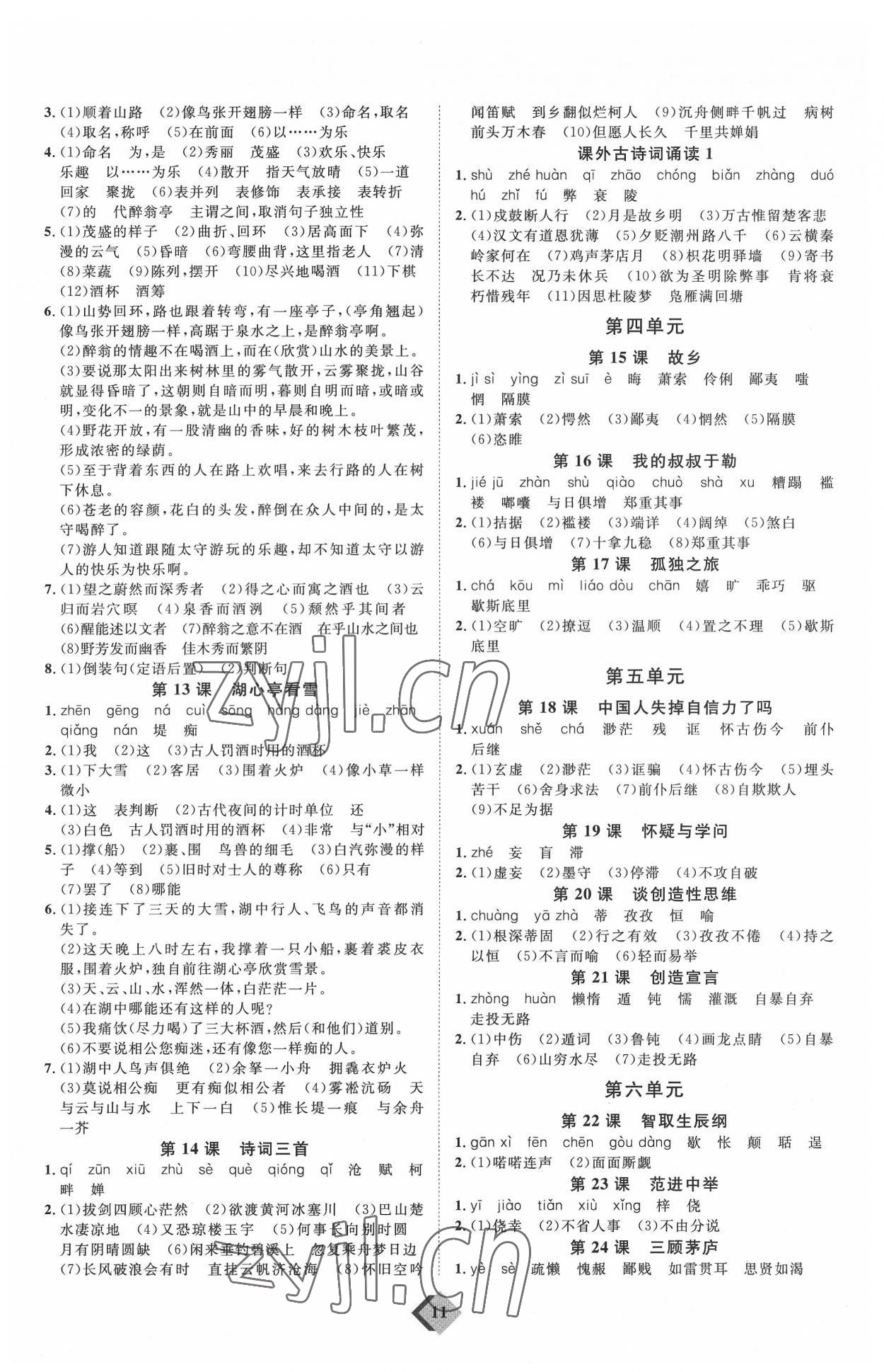 2022年优加学案赢在中考语文潍坊专版 参考答案第11页