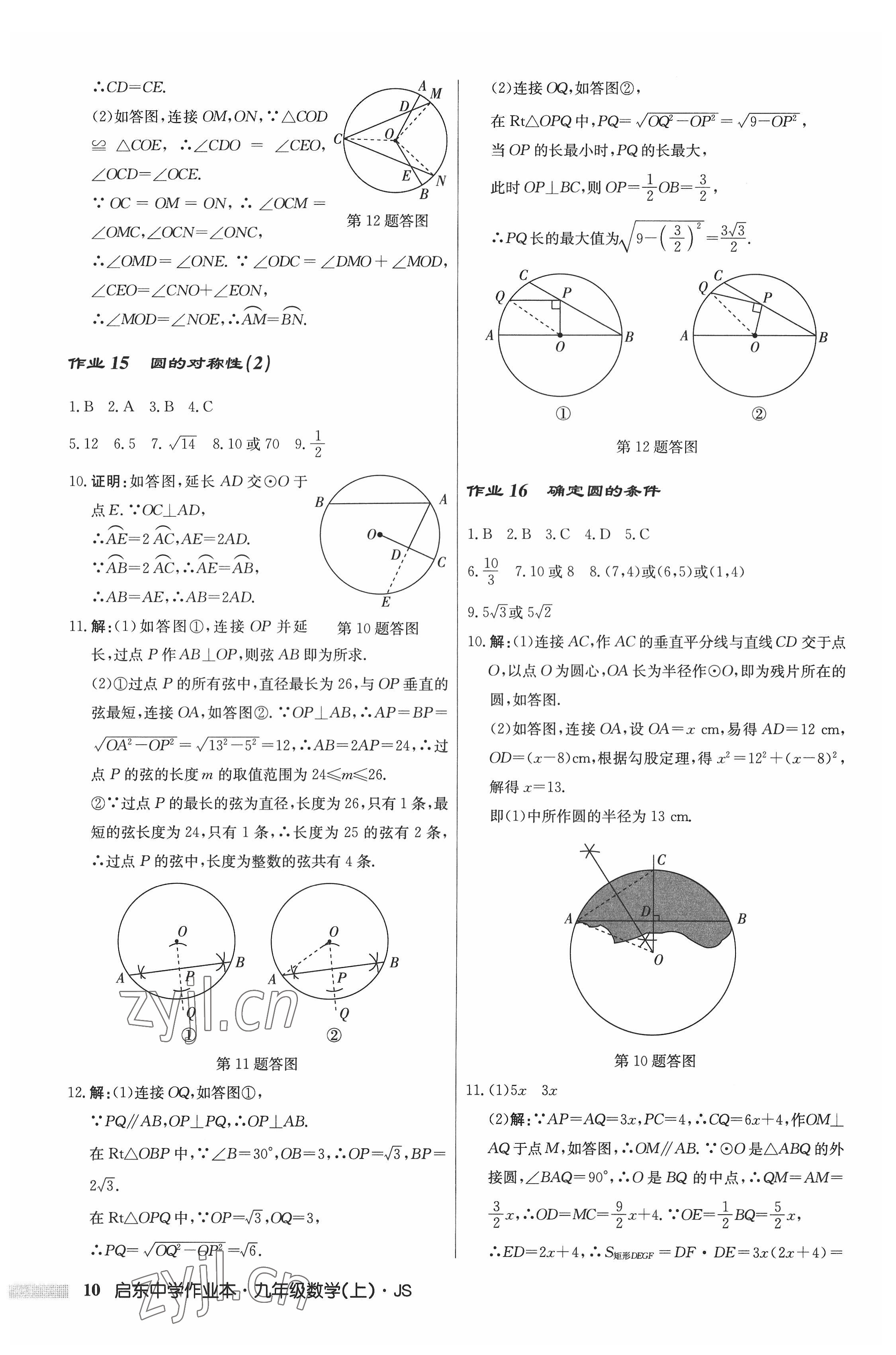 2022年启东中学作业本九年级数学上册江苏版 参考答案第10页