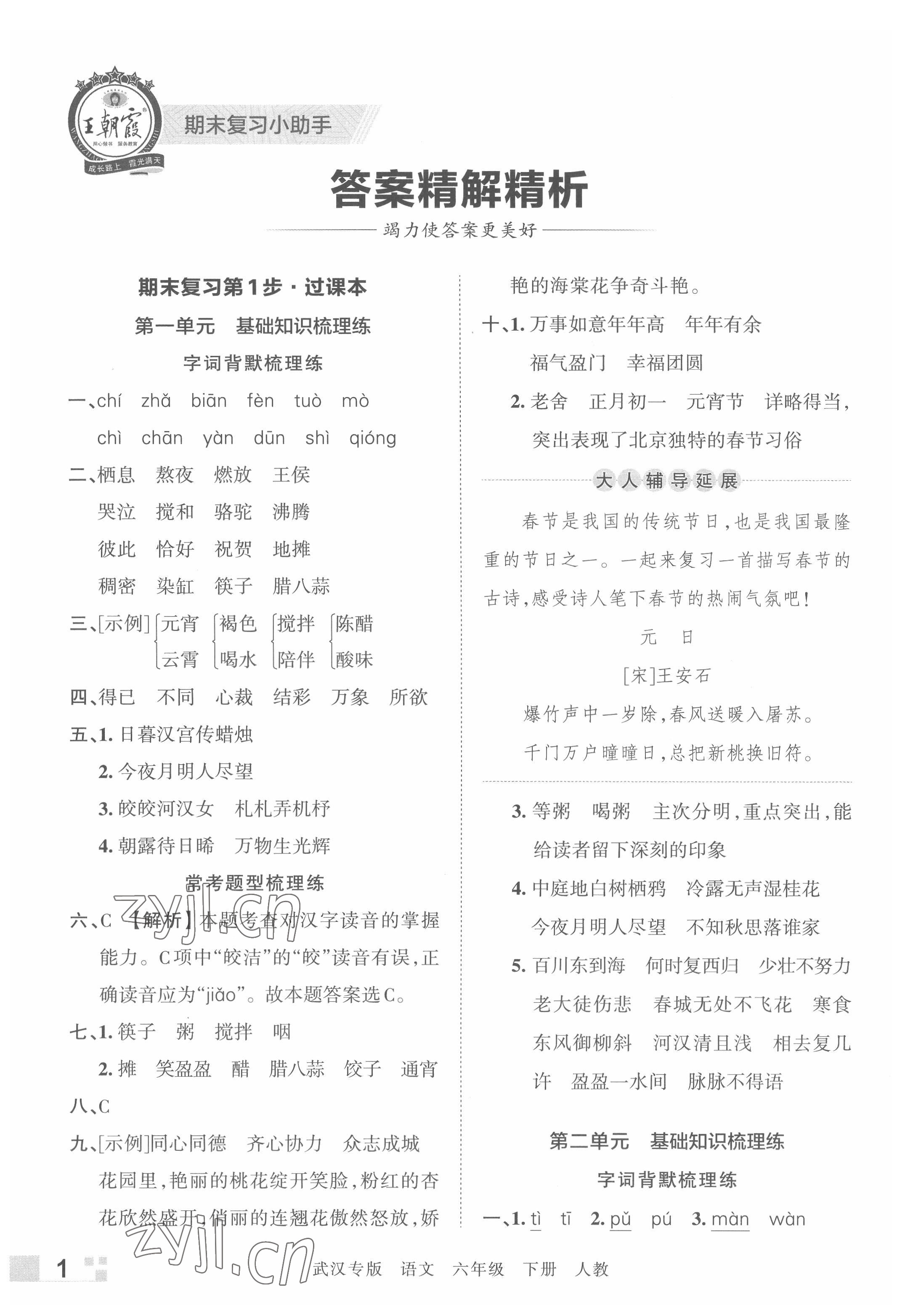 2022年王朝霞期末真題精編六年級語文下冊人教版武漢專版 參考答案第1頁