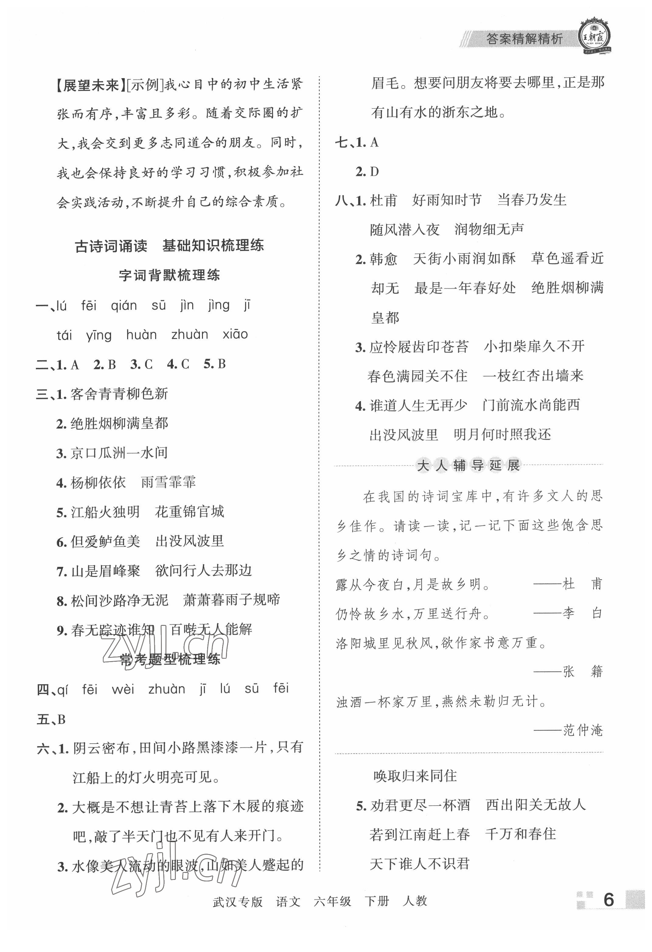 2022年王朝霞期末真題精編六年級語文下冊人教版武漢專版 參考答案第6頁