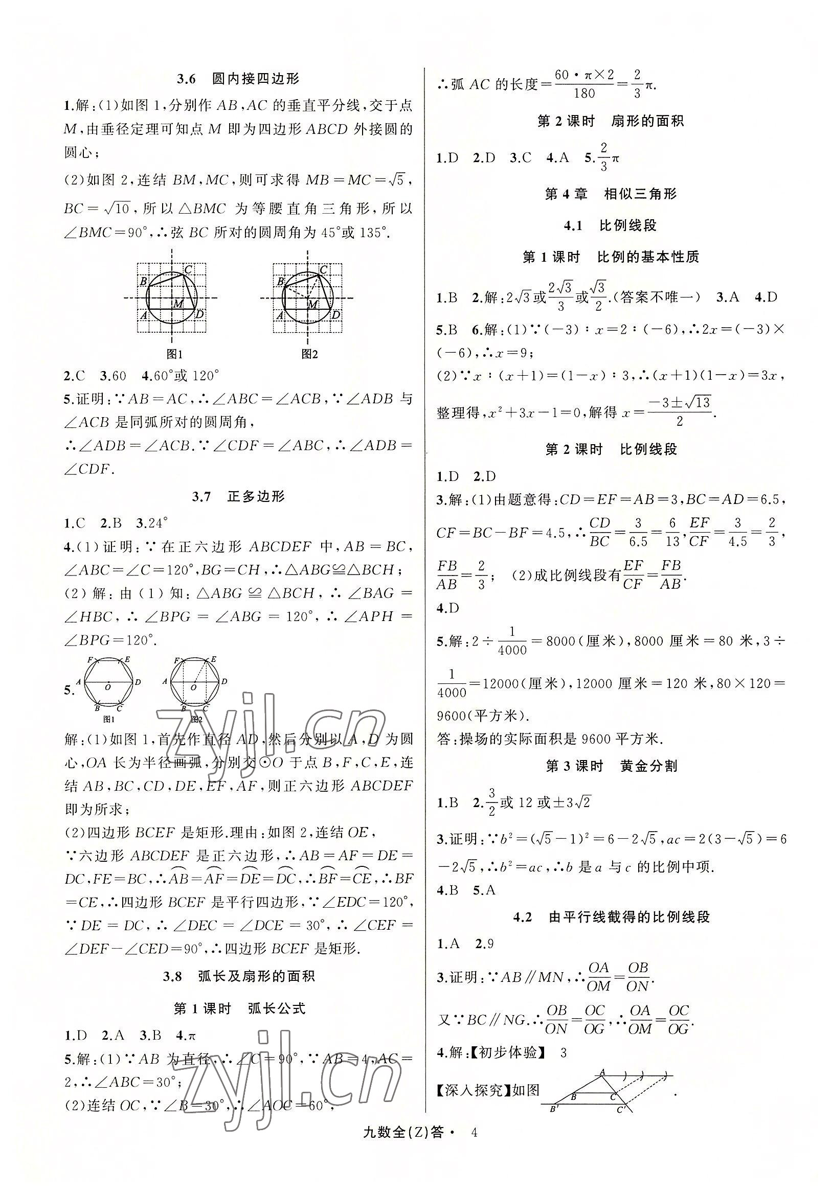 2022年名師面對面同步作業(yè)本九年級數(shù)學(xué)全一冊浙教版浙江專版 參考答案第4頁