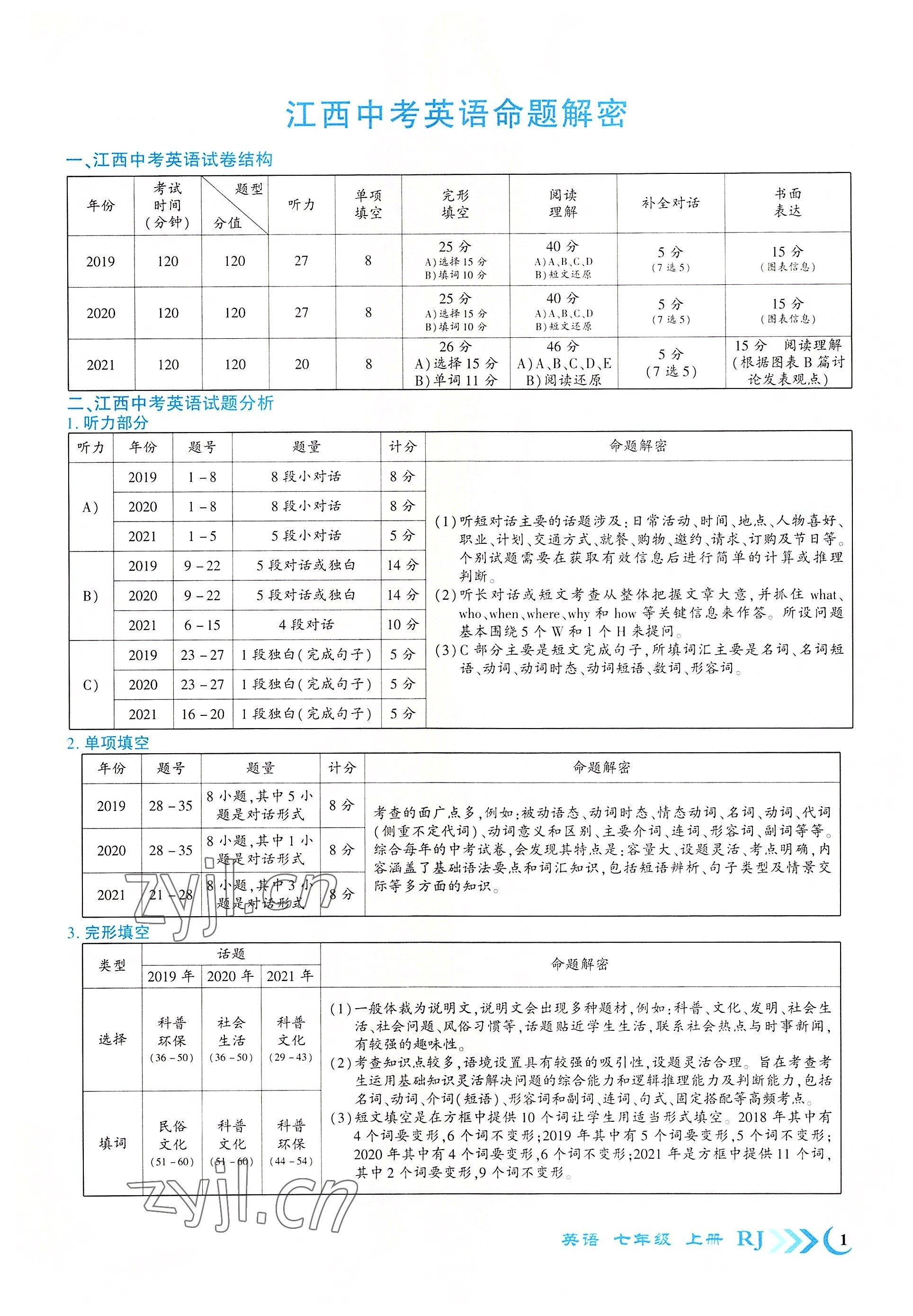 2022年畅优新课堂七年级英语上册人教版江西专版 参考答案第1页