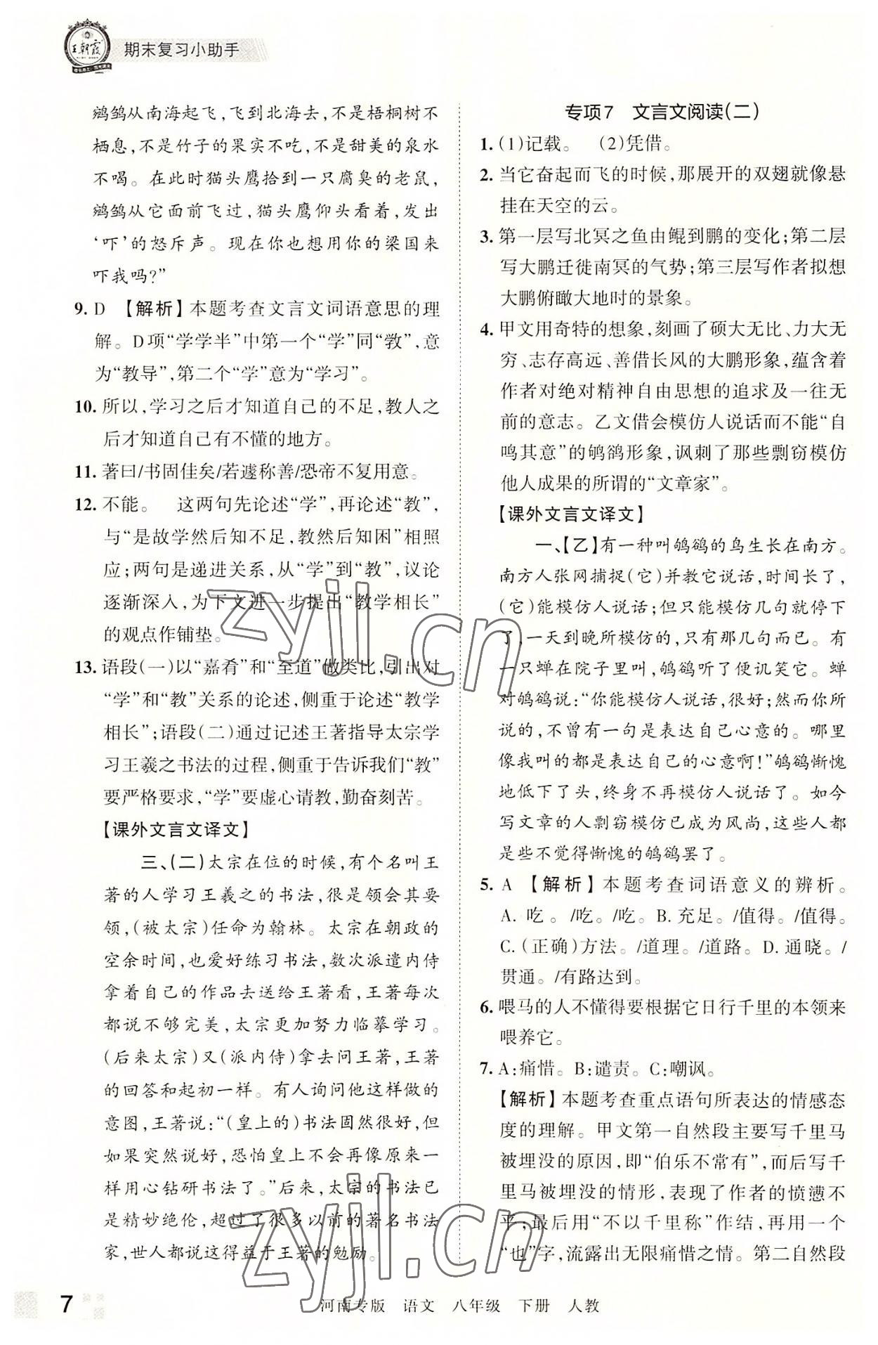 2022年王朝霞各地期末試卷精選八年級語文下冊人教版河南專版 參考答案第7頁