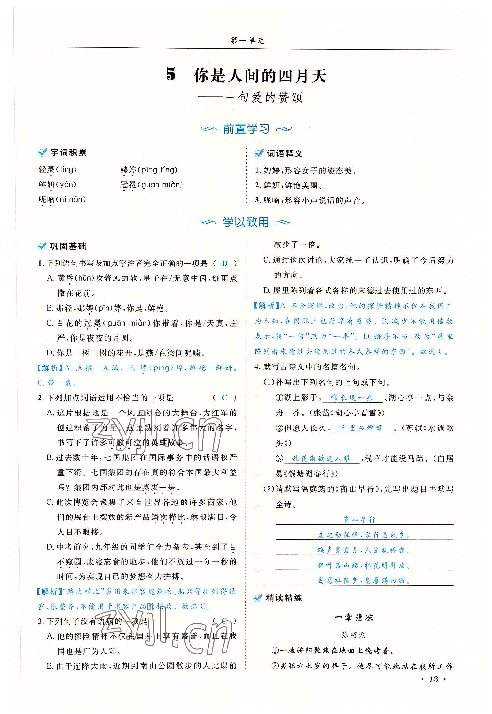 2022年蓉城学霸九年级语文上册人教版 参考答案第13页