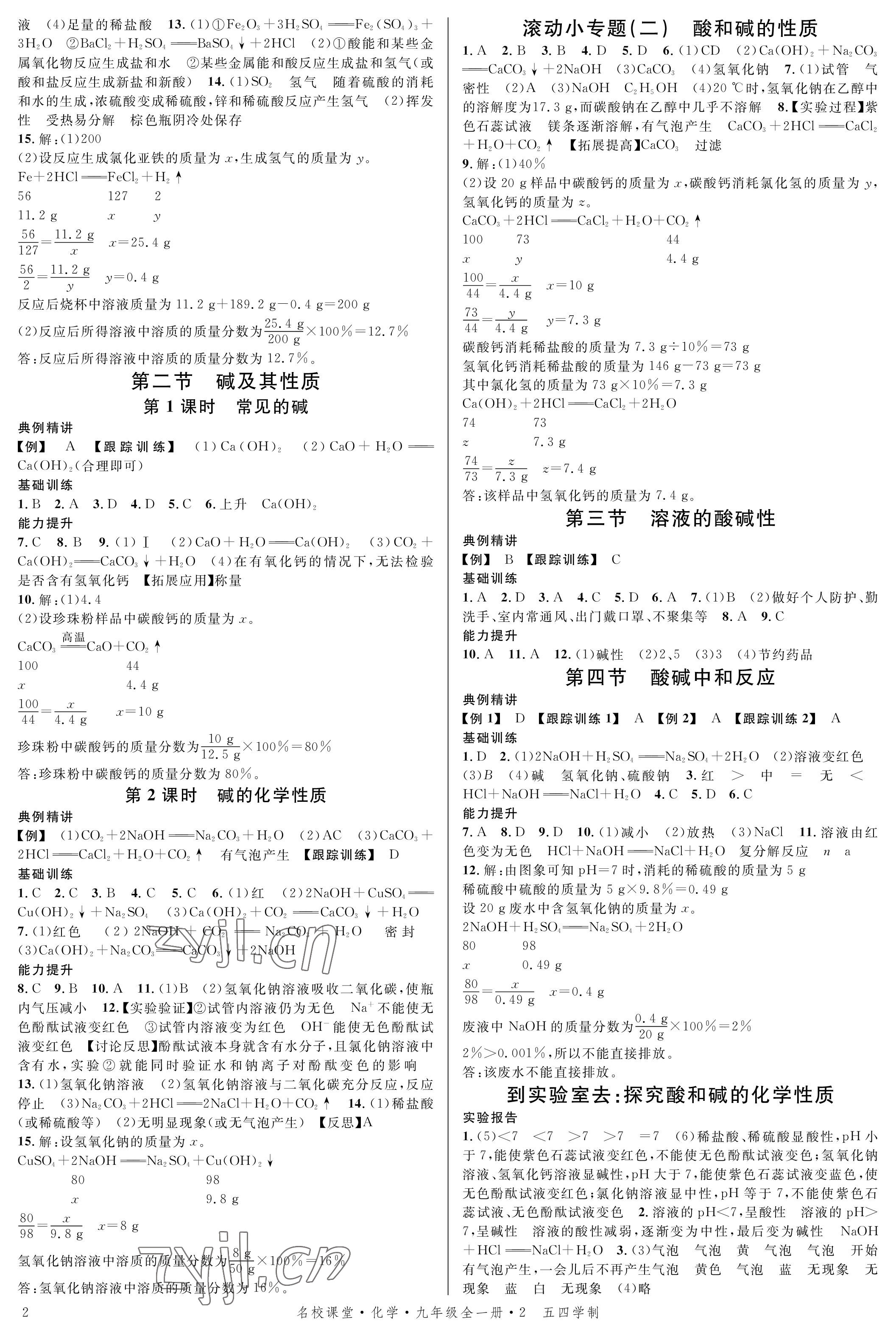 2022年名校課堂九年級化學全一冊魯教版54制山東專版 參考答案第2頁