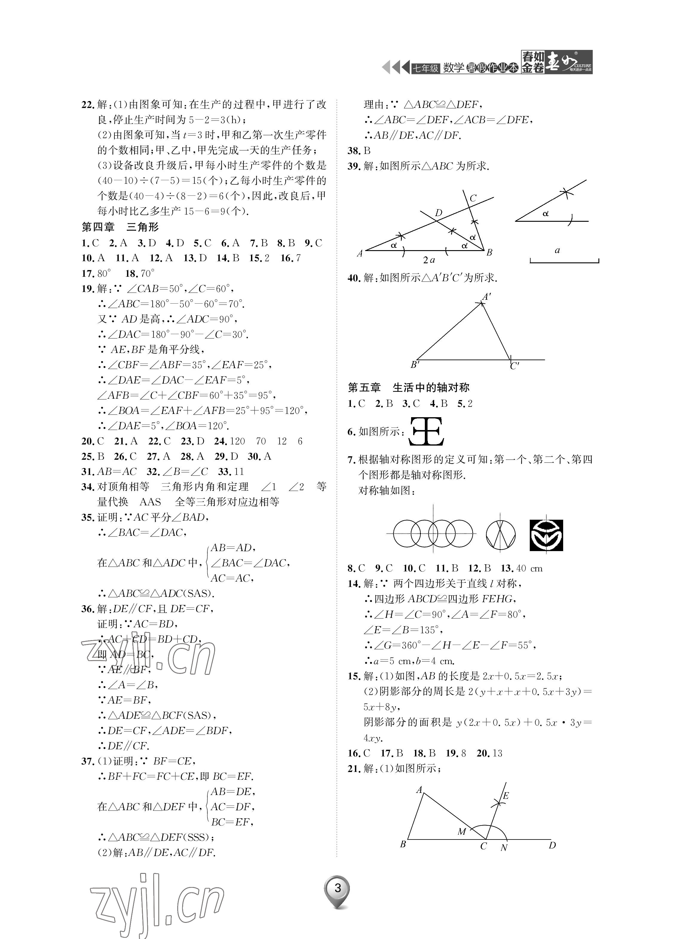 2022年春如金卷数学暑假作业本七年级 参考答案第3页