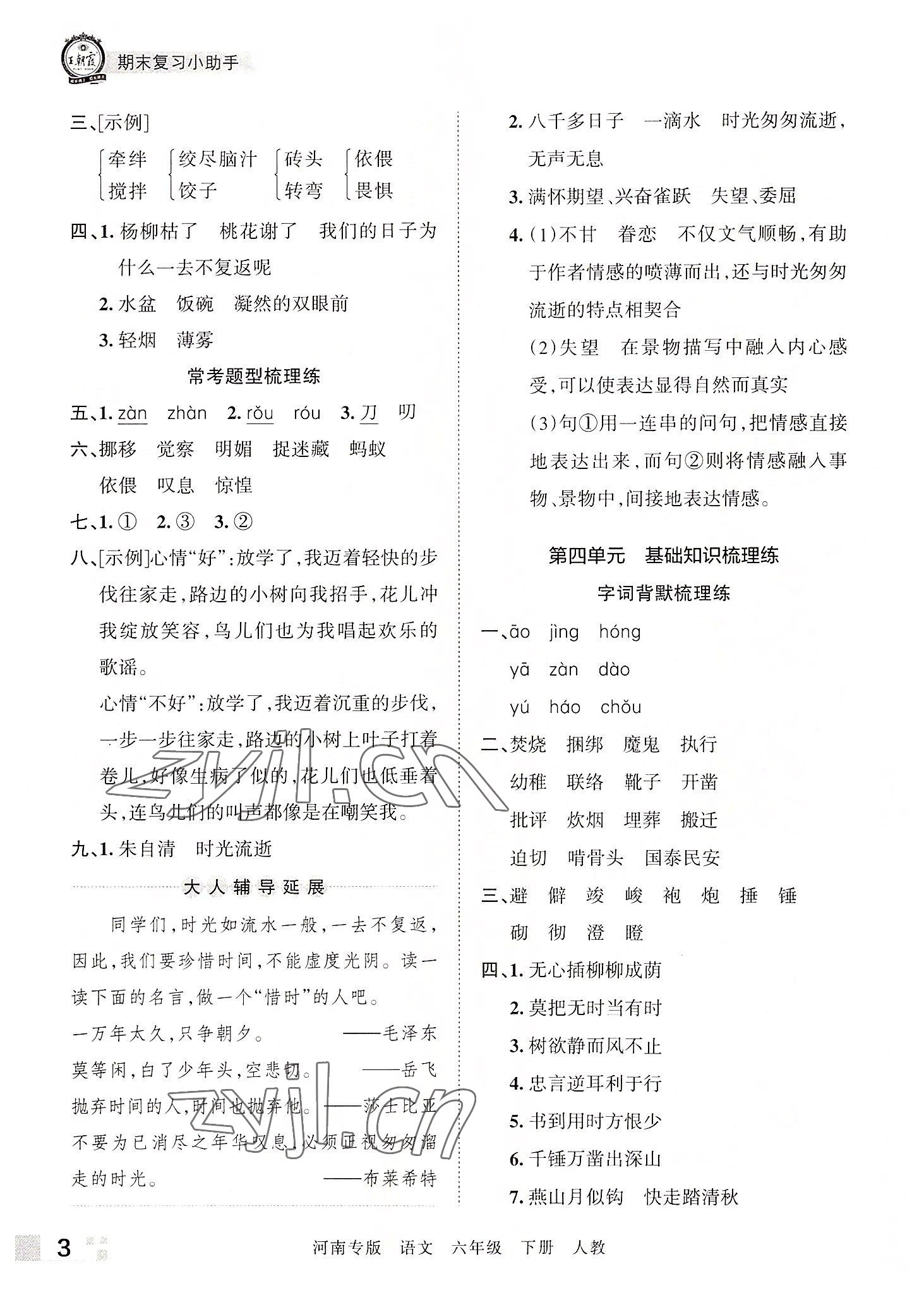 2022年王朝霞各地期末試卷精選六年級語文下冊人教版河南專版 參考答案第3頁