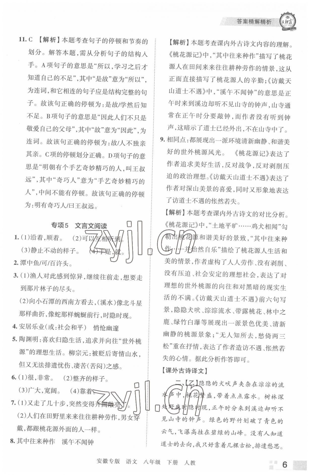 2022年王朝霞各地期末试卷精选八年级语文下册人教版安徽专版 参考答案第6页