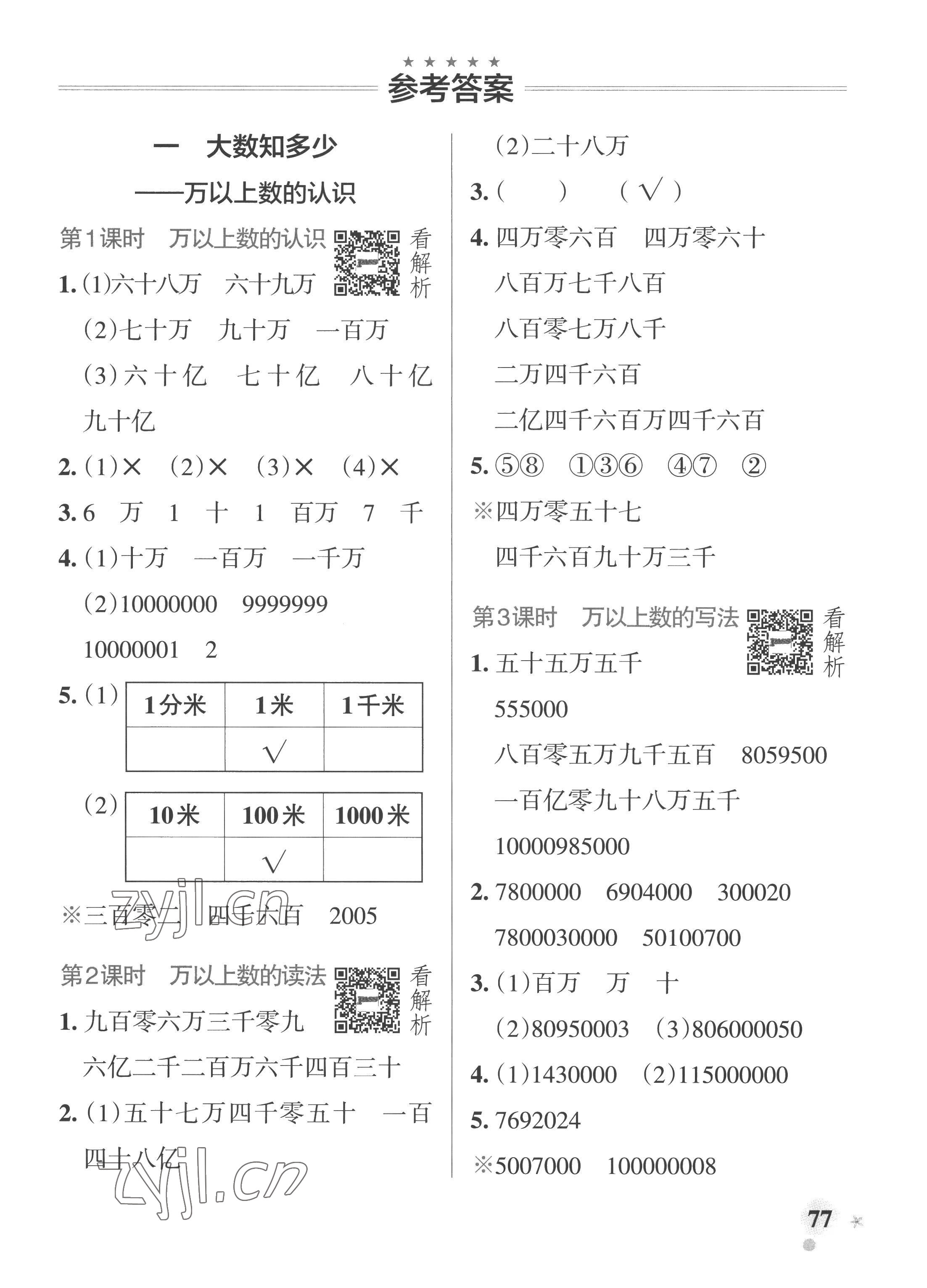 2022年小學學霸作業(yè)本四年級數(shù)學上冊青島版山東專版 參考答案第1頁