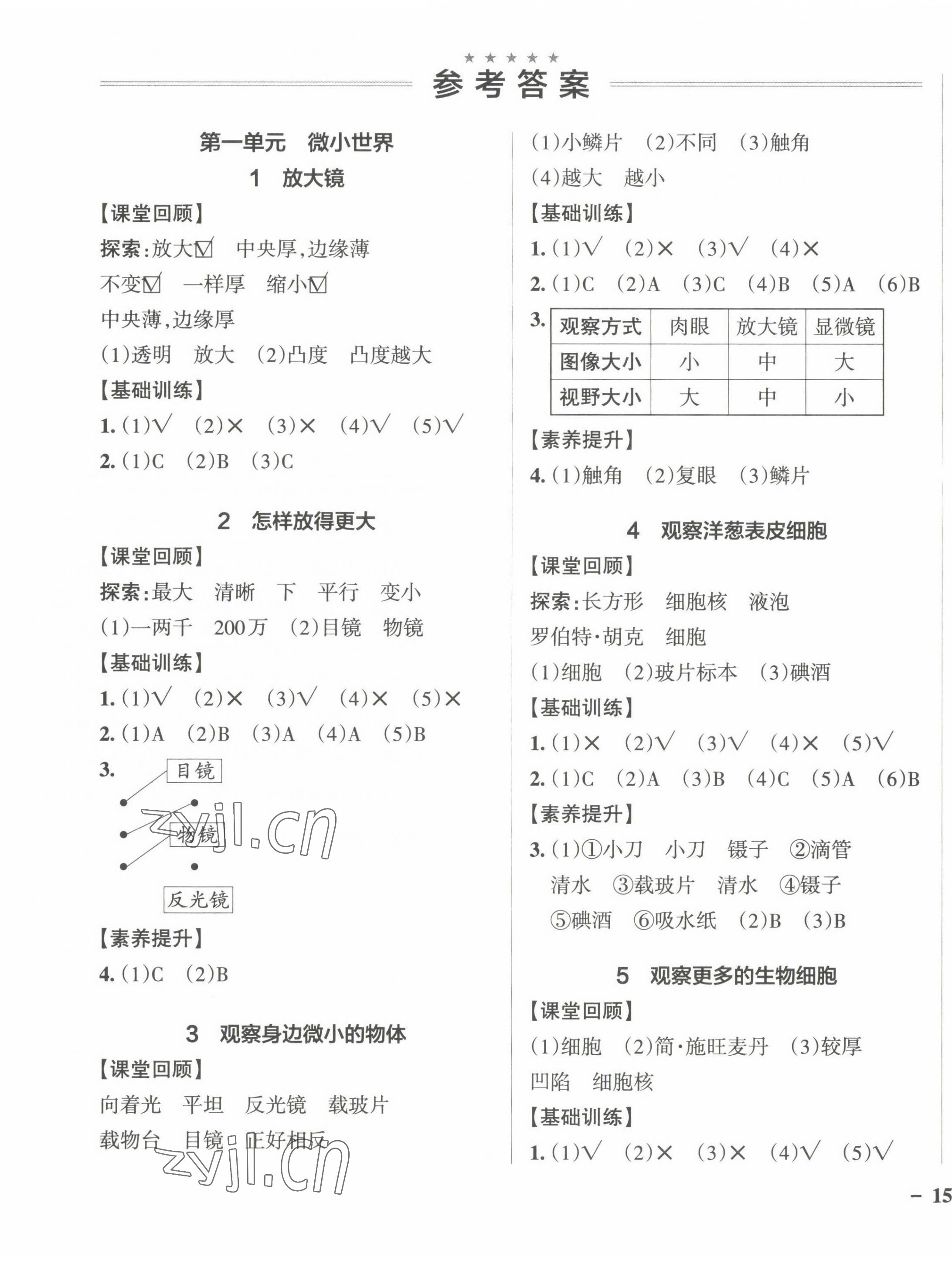 2022年小學(xué)學(xué)霸作業(yè)本六年級科學(xué)上冊教科版 參考答案第1頁