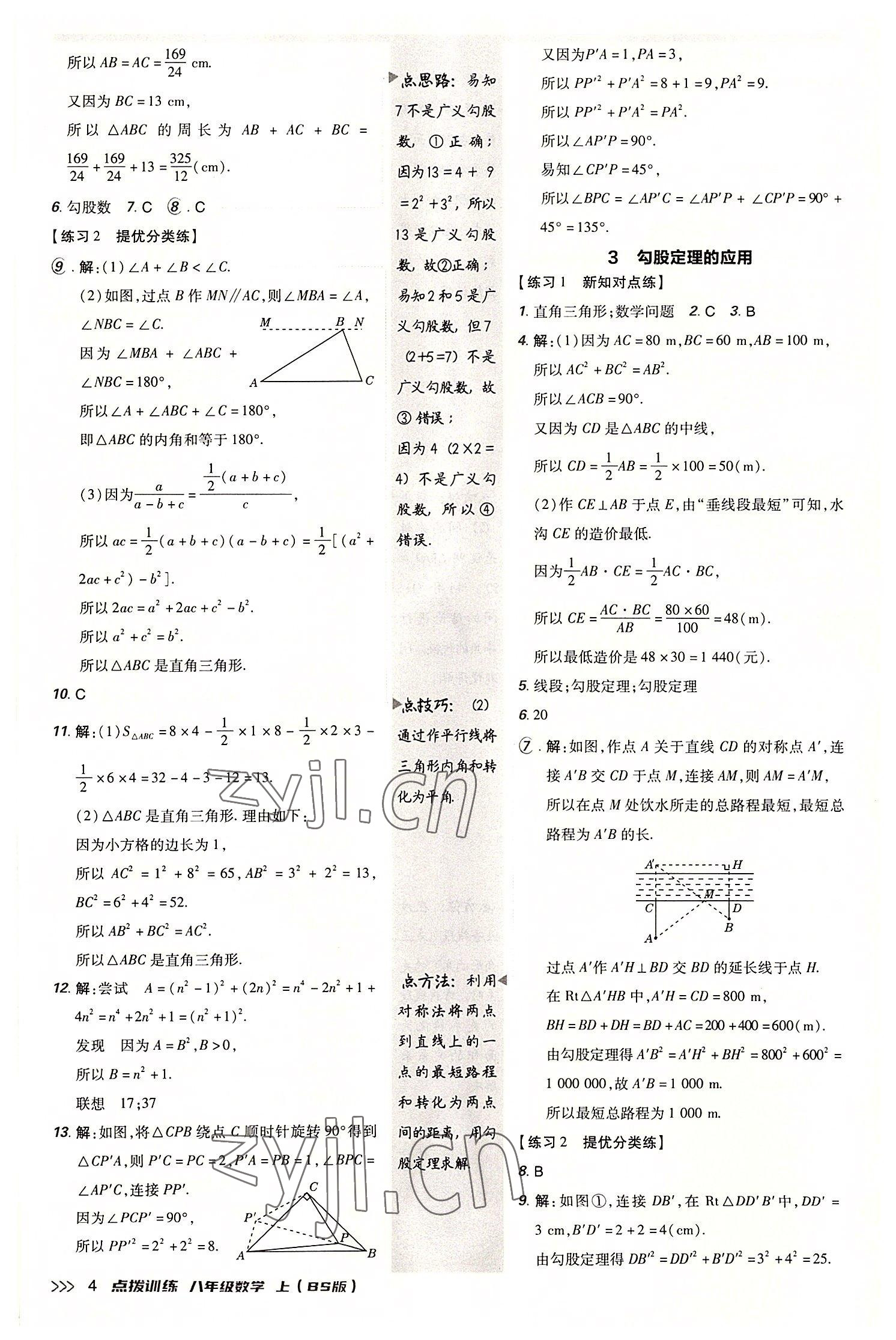 2022年點(diǎn)撥訓(xùn)練八年級(jí)數(shù)學(xué)上冊(cè)北師大版 參考答案第3頁