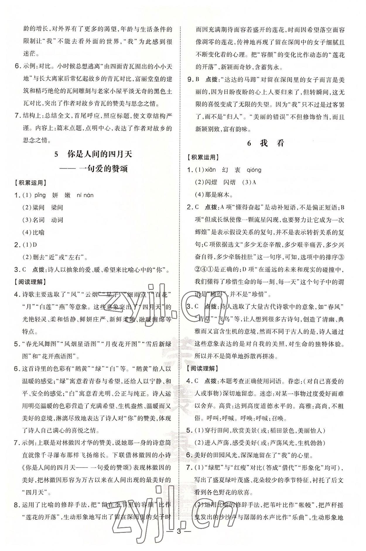 2022年點(diǎn)撥訓(xùn)練九年級(jí)語文上冊(cè)人教版安徽專版 參考答案第3頁