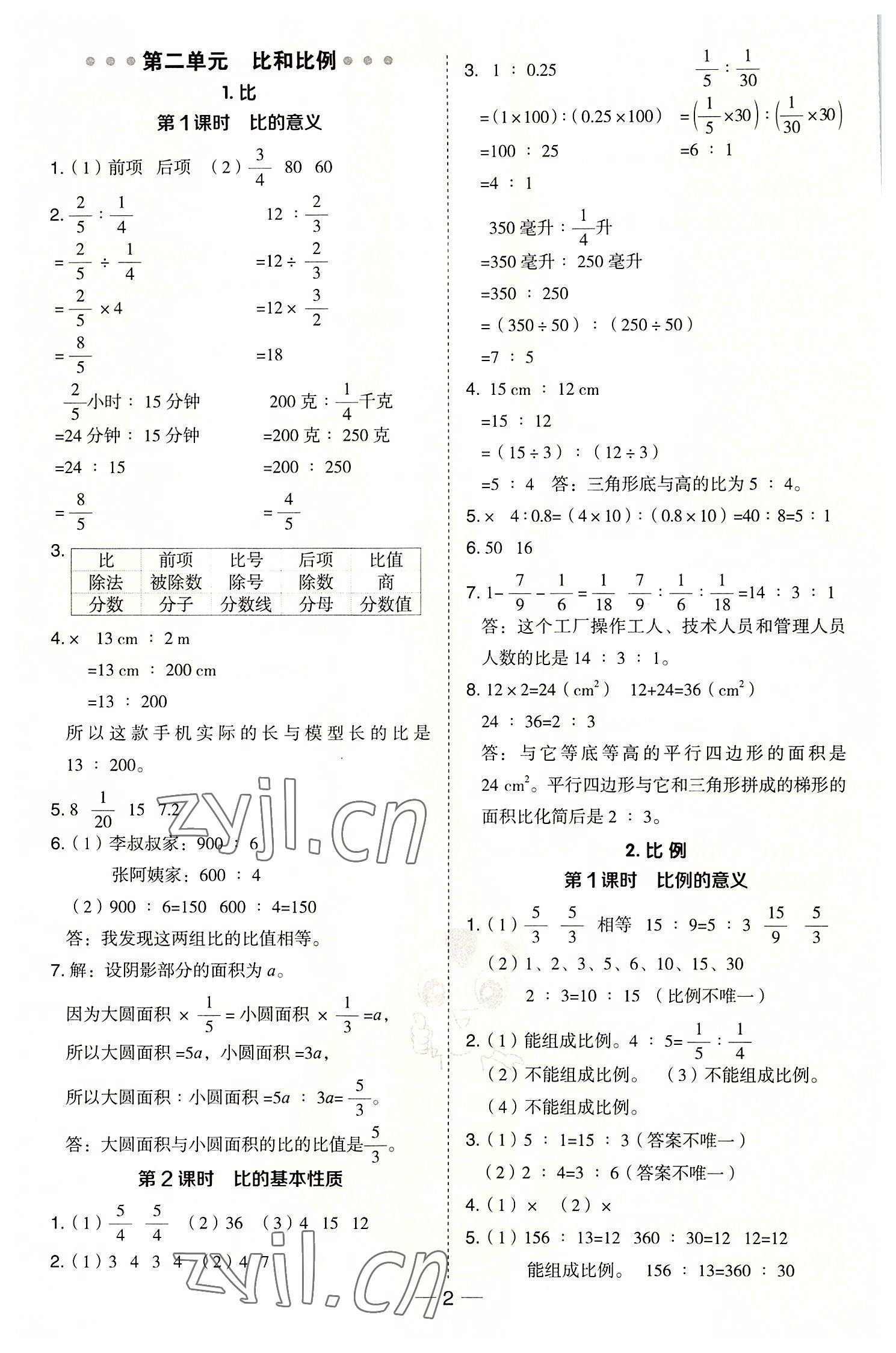 2022年综合应用创新题典中点六年级数学上册冀教版 参考答案第2页