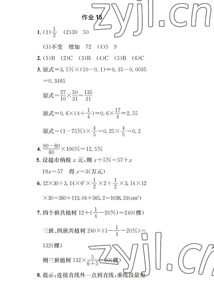 2022年长江暑假作业六年级数学人教版崇文书局 参考答案第6页