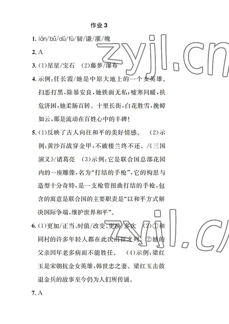 2022年长江暑假作业七年级语文人教版崇文书局 参考答案第4页