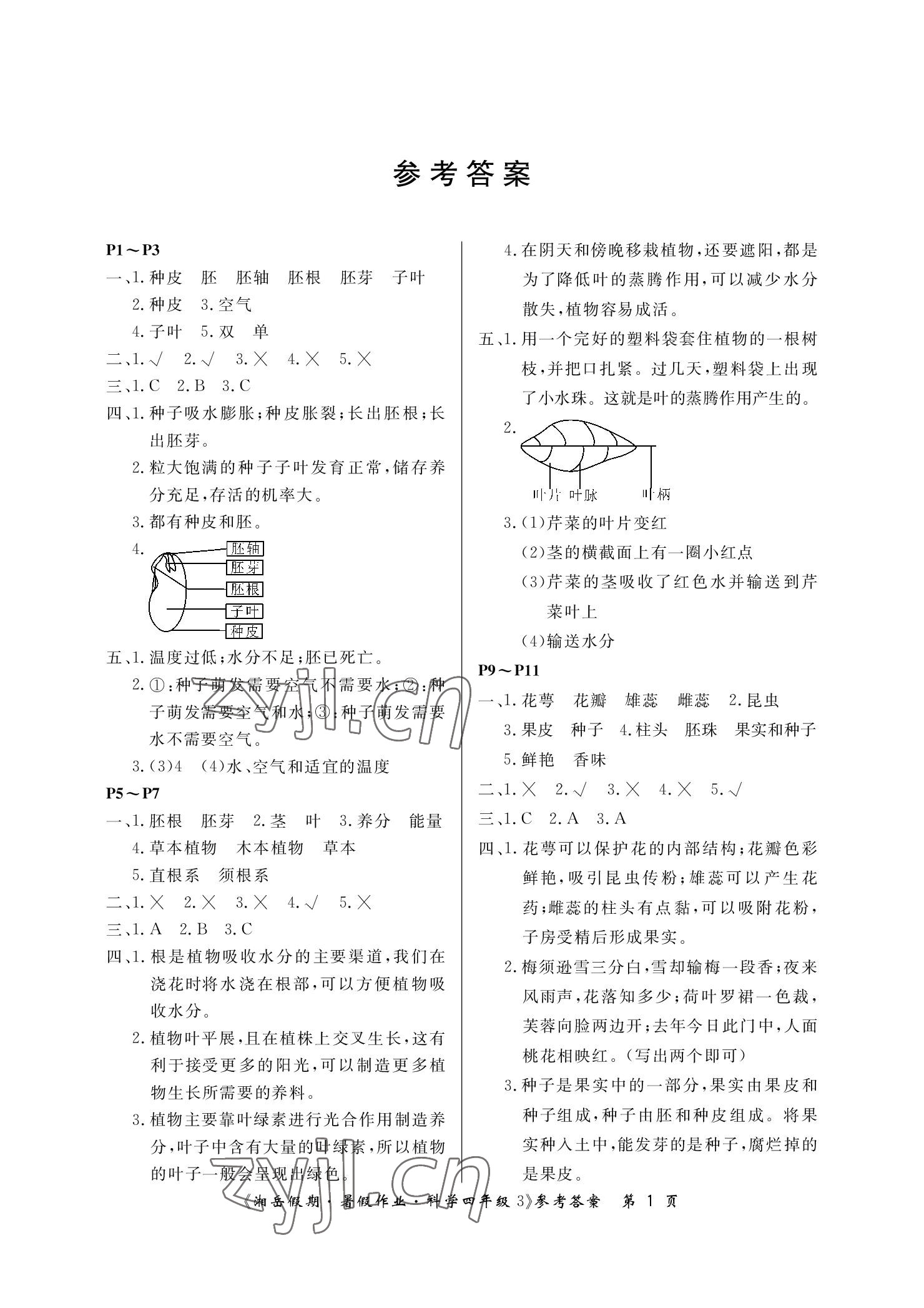 2022年湘岳假期暑假作业四年级科学教科版 参考答案第1页